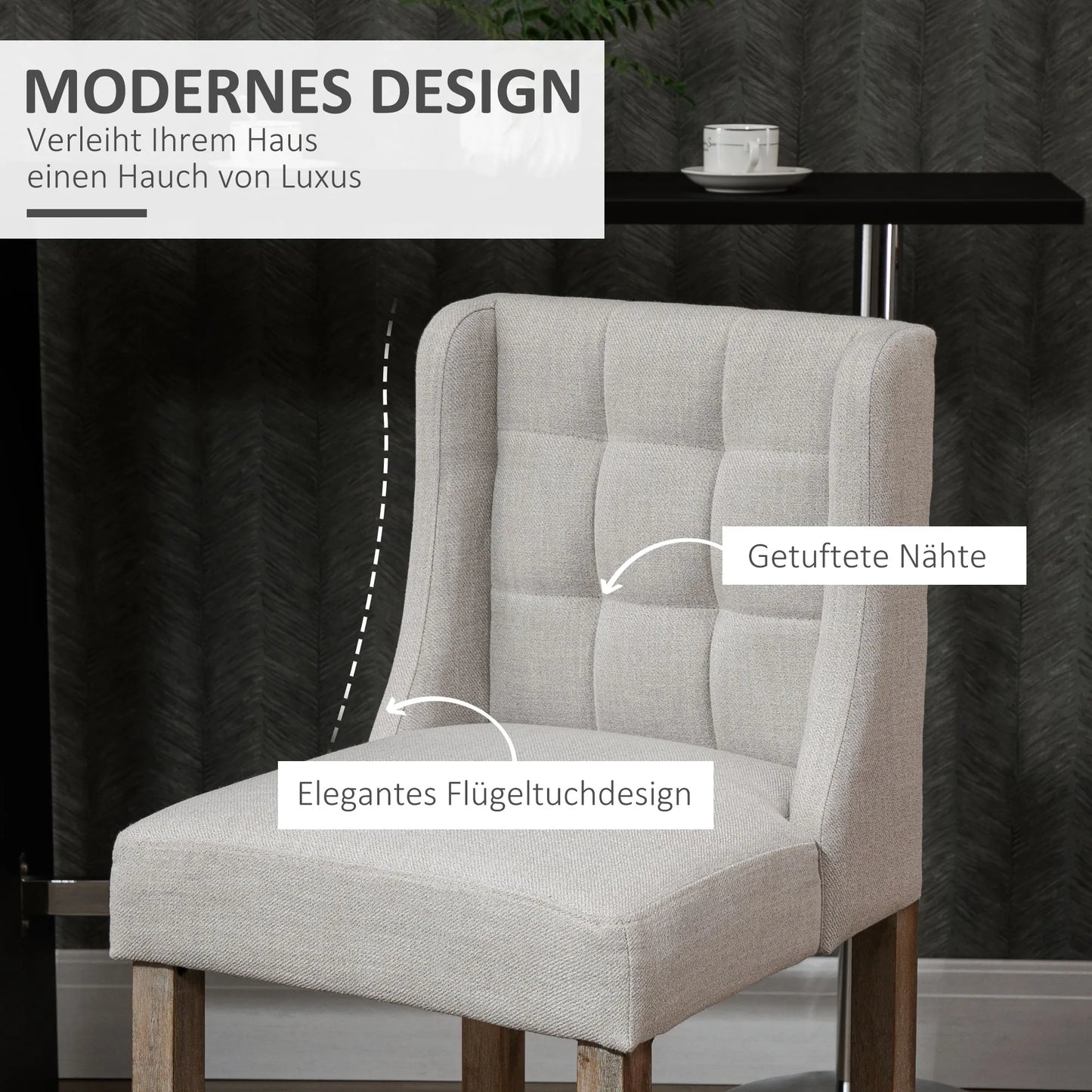 2 vnt. baro kėdžių komplektas su atlošu ir sagų dygsniavimu, medžio masyvo, su kojų atrama, 47 cm x 50 cm x 101 cm, Pilka + Natūrali