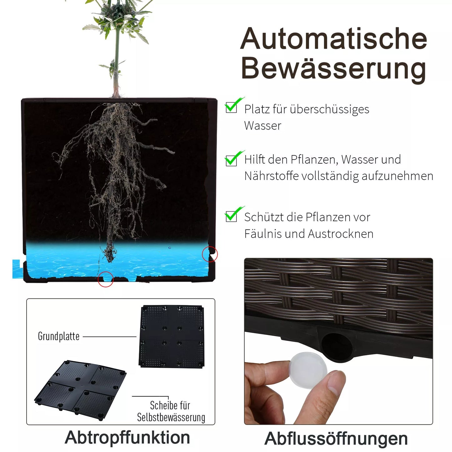 Pakeltas lysvės lovelis, augalų dėžė su drenažo skylutėmis, gėlių dėžė su rotango išvaizda, plastikas, ruda, 40 x 40 x 44 cm