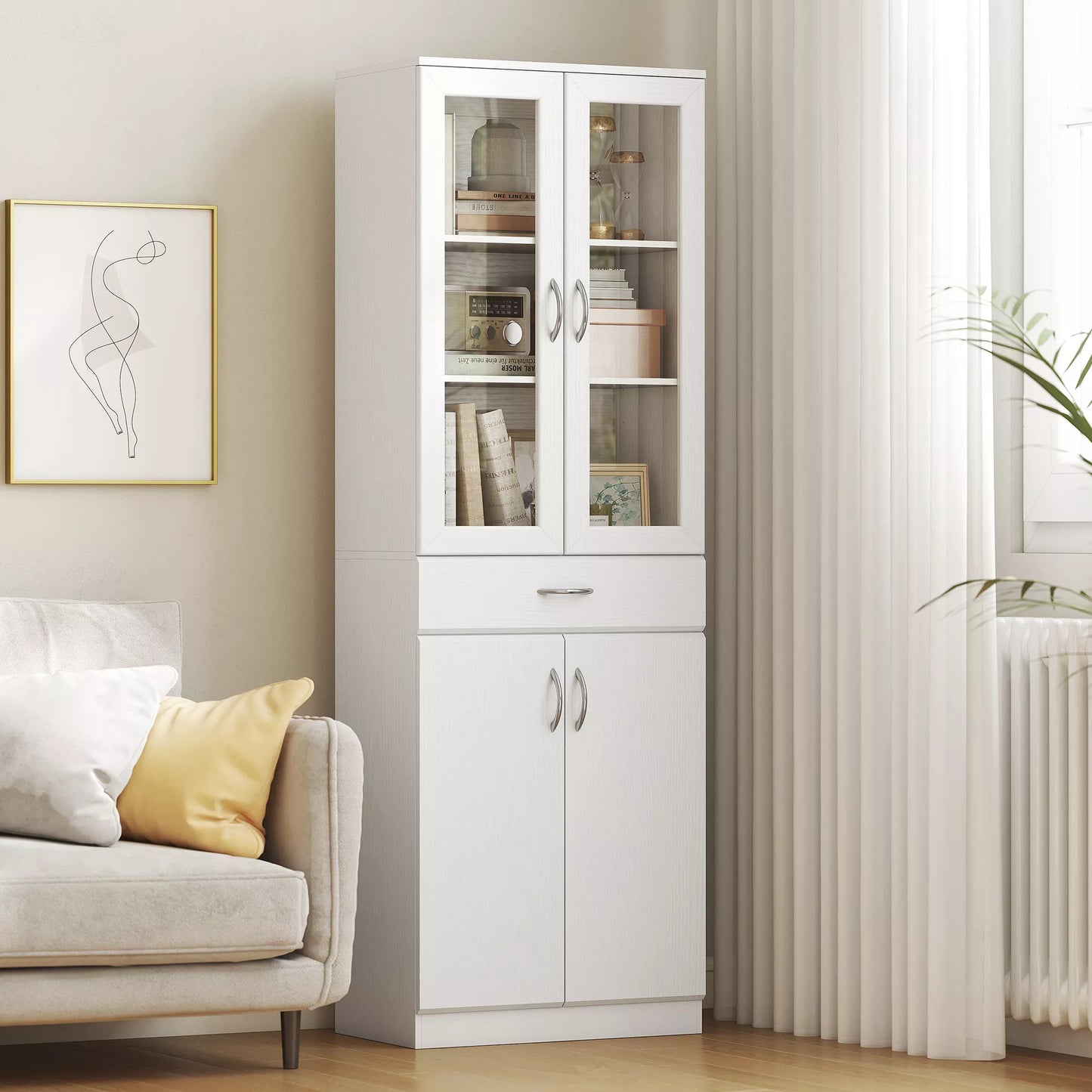 Virtuvės spinta Bufetas su reguliuojama lentyna, stalčiumi, 2 spintelėmis, aukšta spinta su stiklinėmis durimis, 60 x 35 x 180 cm, balta