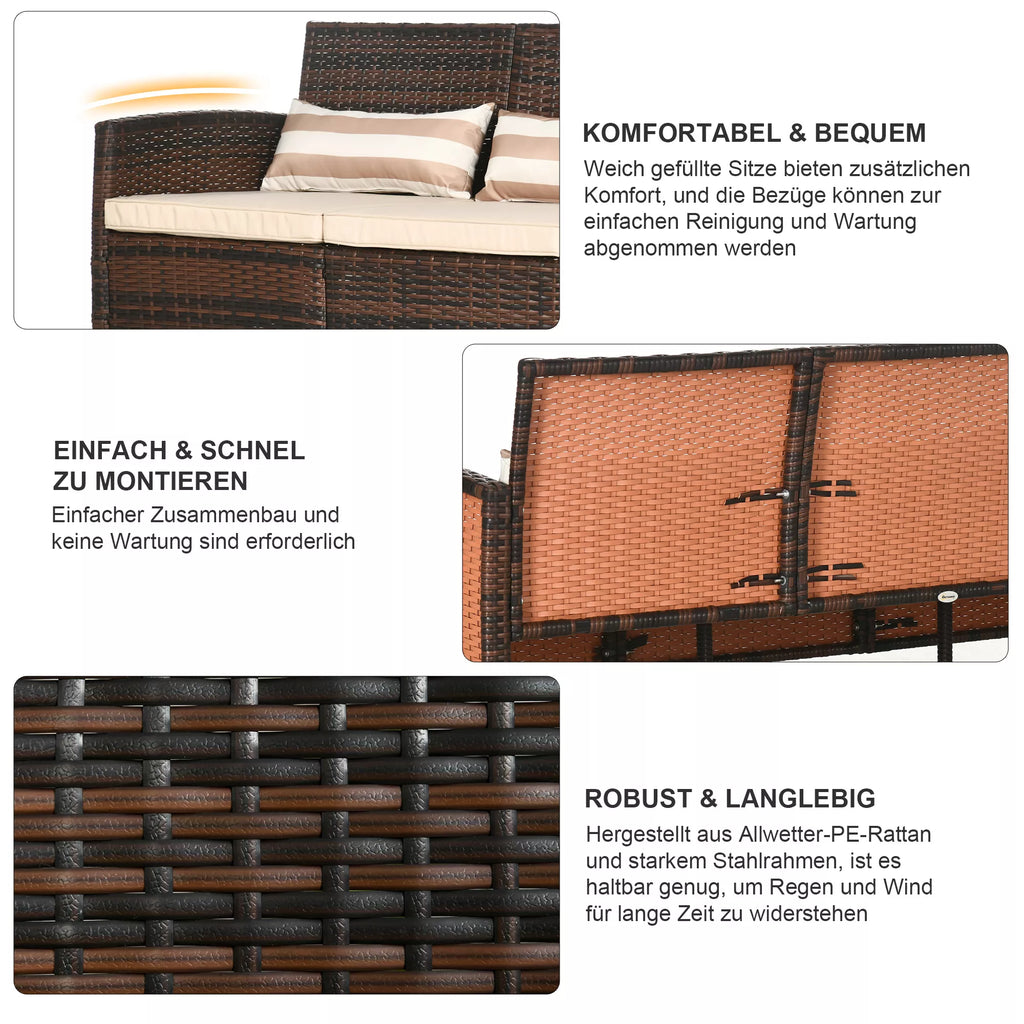 Rattan sofos su pagalvėlėmis, trijų vietų, sodo poilsio sofa, plienas, ruda, 173 x 68 x 78 cm