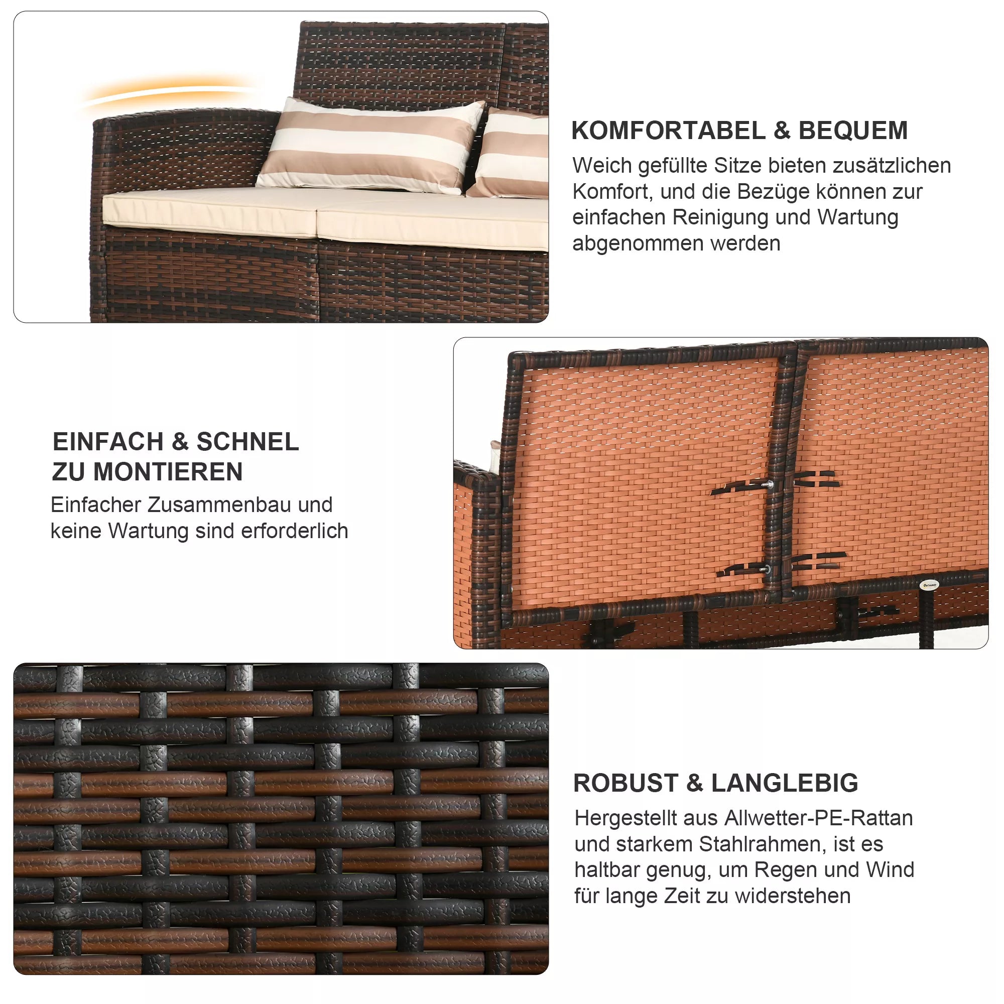 Rattan sofos su pagalvėlėmis, trijų vietų, sodo poilsio sofa, plienas, ruda, 173 x 68 x 78 cm