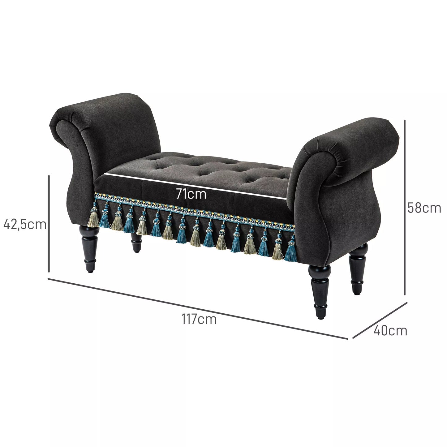 Minkštasuolis, sėdimasis suolas, vintažinis dizainas, iki 150 kg, 117x40x58 cm, tamsiai pilkas