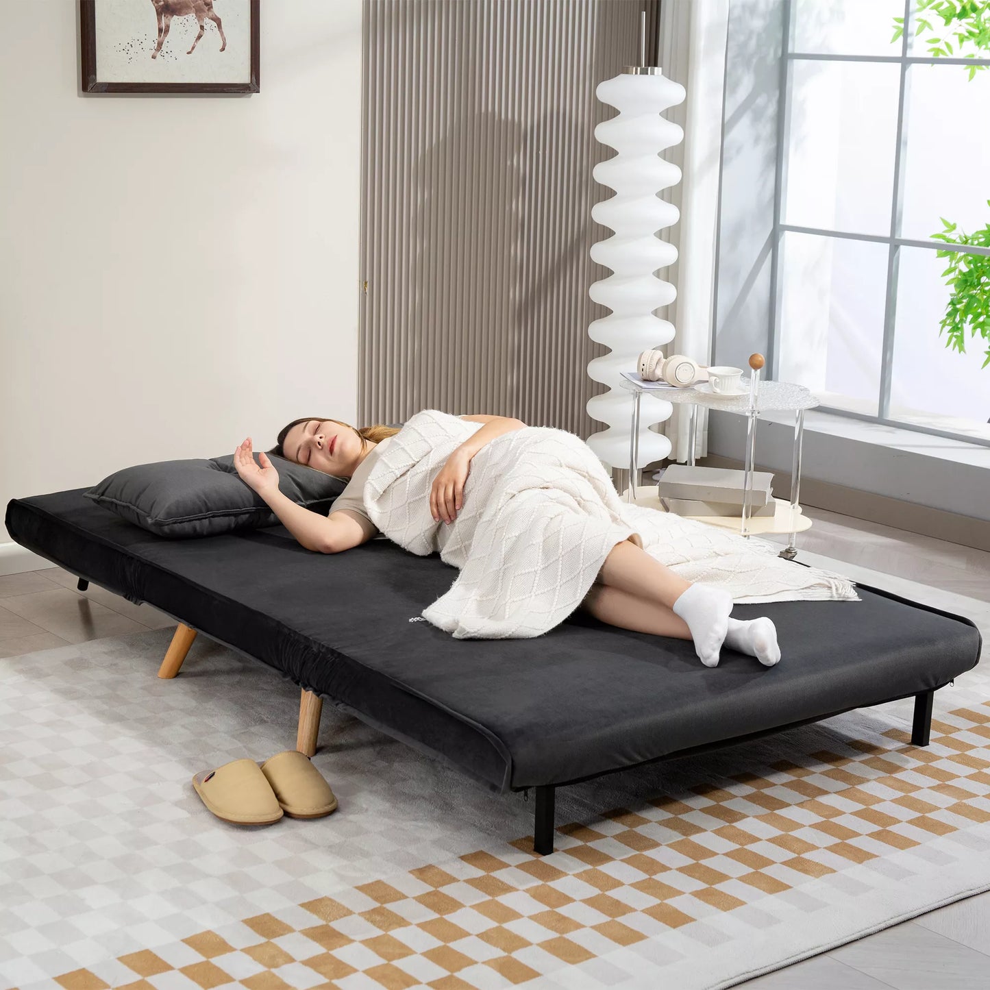 2 vietų miegamoji sofa, sofa-lova, transformuojama į lovą sofa, reguliuojama atlošas, audinio apmušalas, metalinis rėmas, pilka