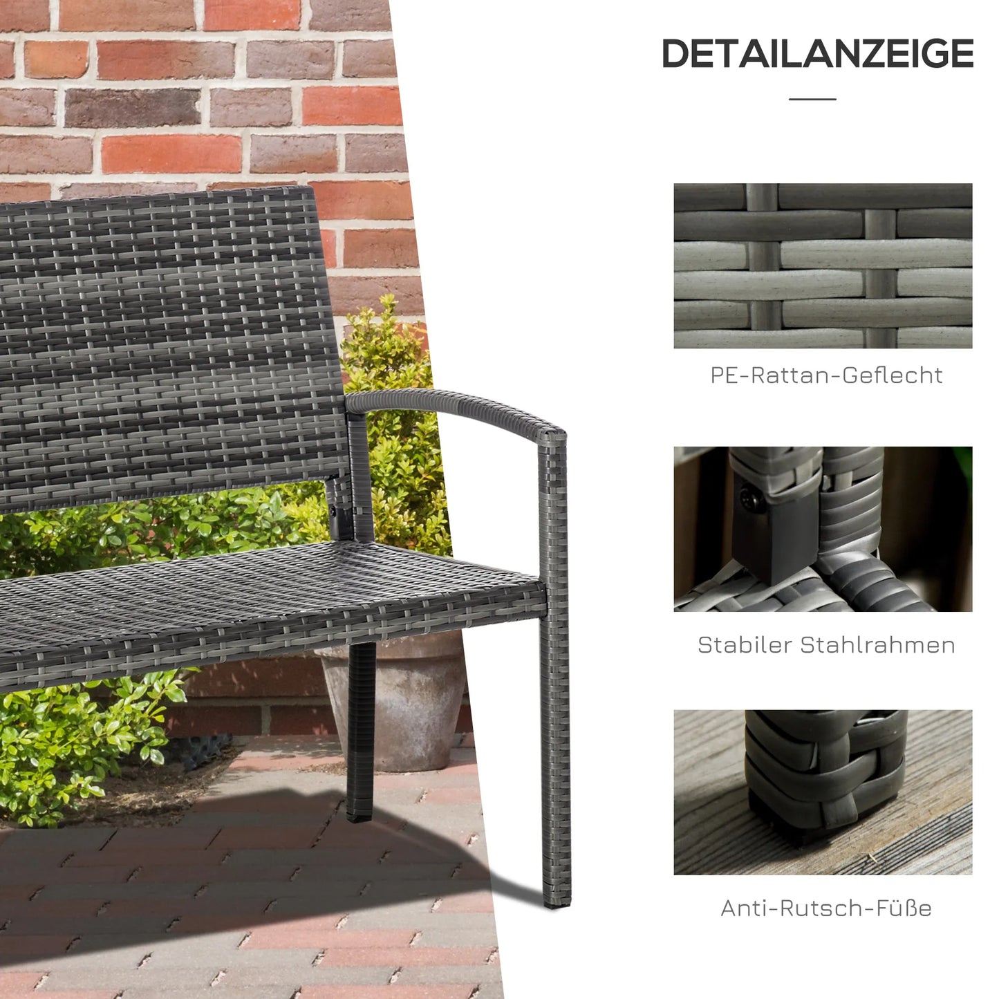 Sodo suolas, ratano išvaizdos, su plieniniu rėmu, 2 žmonėms, rudas, 122 x 60 x 87 cm