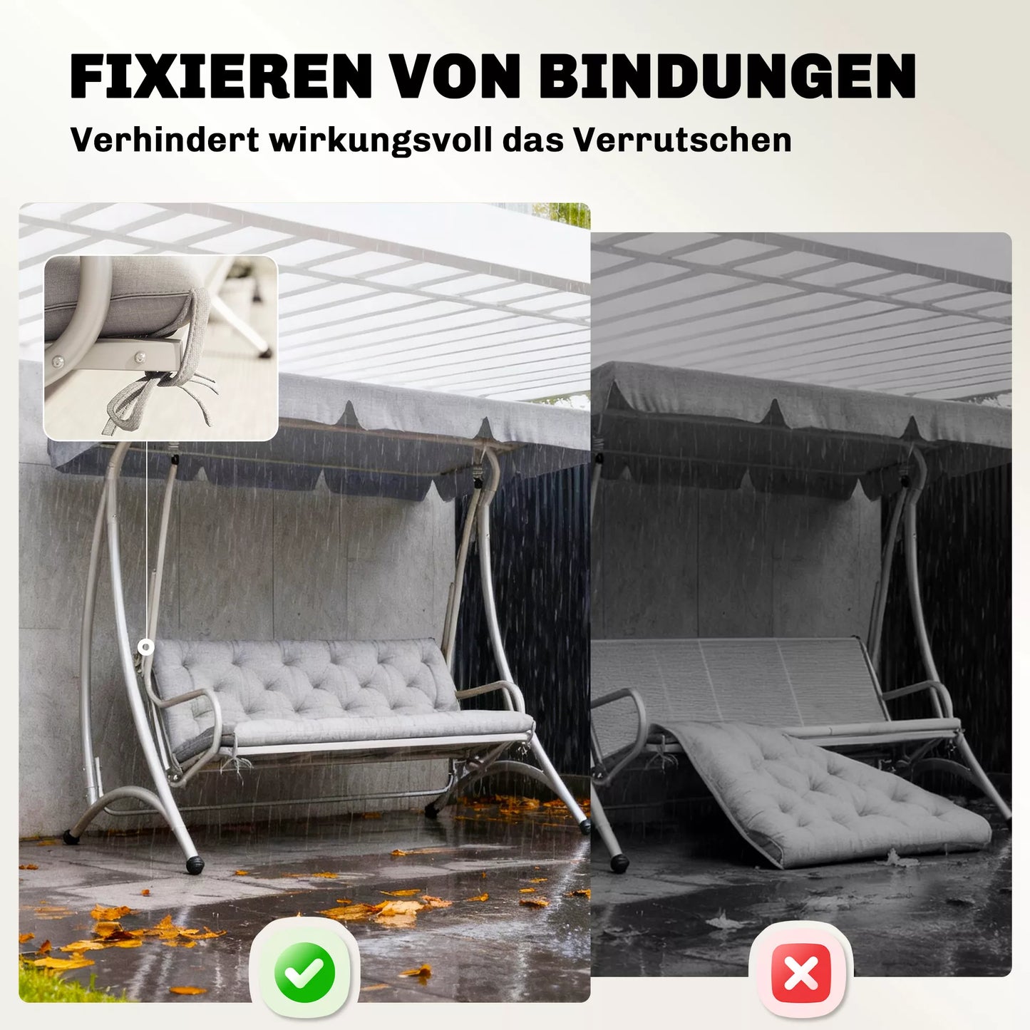 3 vietų suoliuko pagalvėlė 150x98x8 cm su tvirtinimo juostelėmis, sodo baldų pagalvėlė sūpynėms, šviesiai pilka