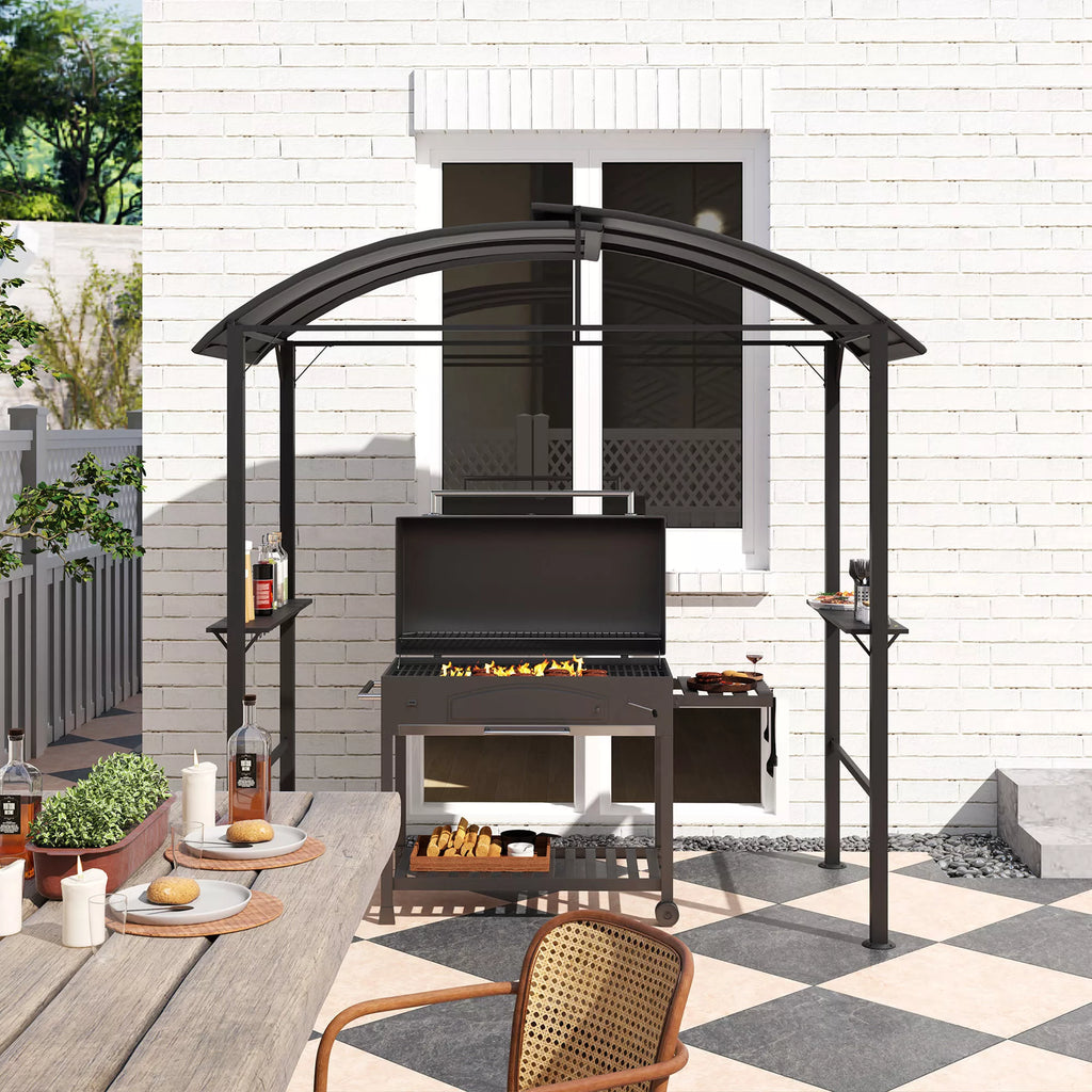 Grill paviljonas, 2 šoninės lentynos, kabliai, plieninis rėmas, 1,1 x 2,3 m, tamsiai pilkos spalvos