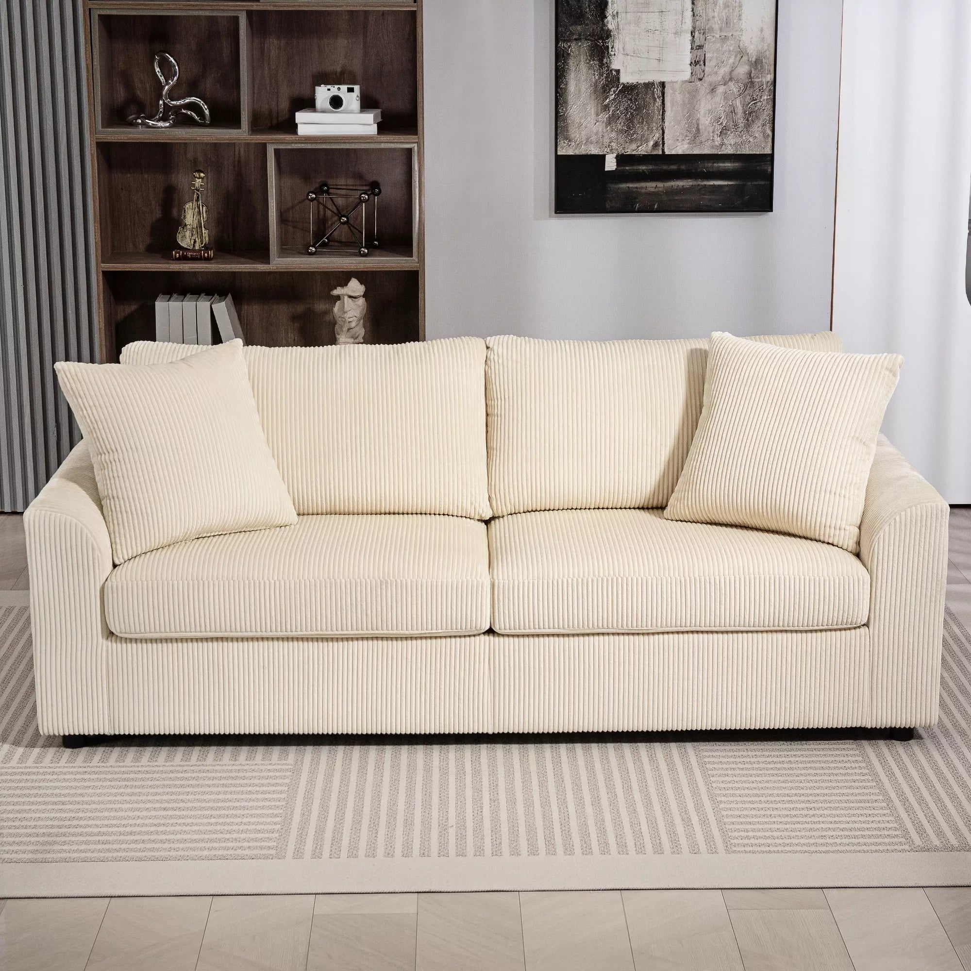 Trivietė sofa su pagalvėlėmis, 212 cm, kreminės spalvos