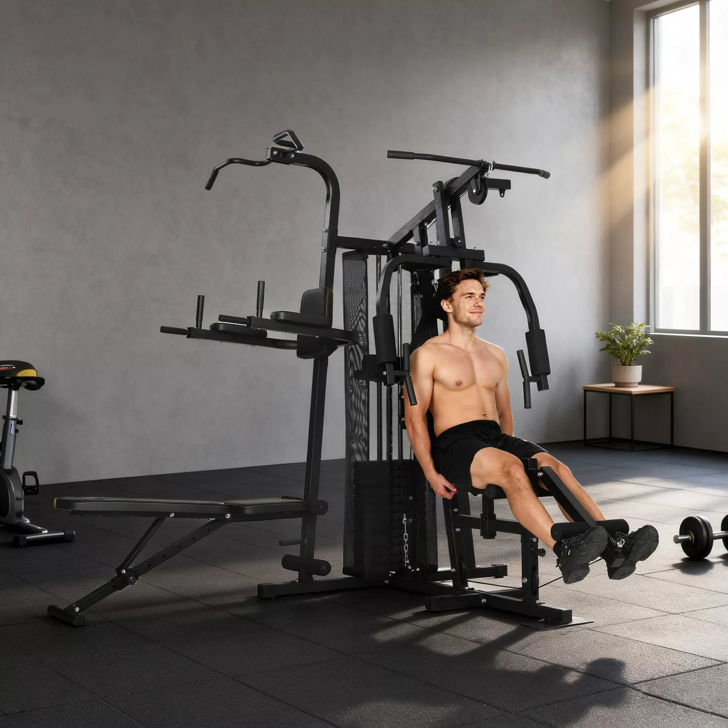 Daugiafunkcinė treniruočių stotis, namų sporto salės įranga daugiau nei 10 pratimams, svoriai, reguliuojamas treniruočių suolas, juoda