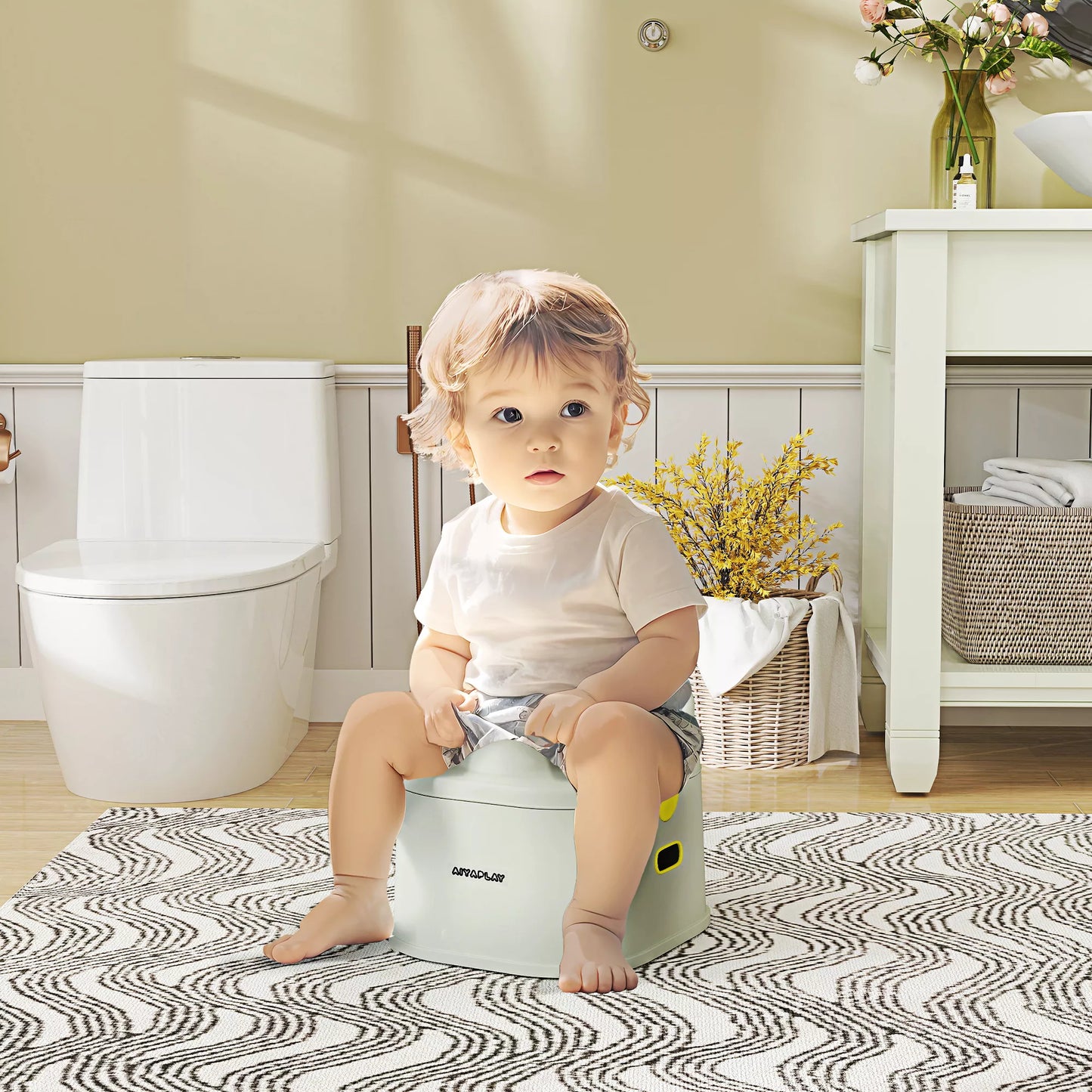 Vaikiškas puodukas, 3-in-1, nuimamas priedas, dirbtinės odos sėdynės paminkštinimas, maks. 50 kg, Pilka