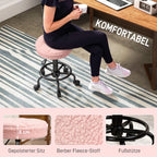 Infografika: taburetė su rožinės fleece sėdynės, putplasčio ir kojų atramų detalėmis