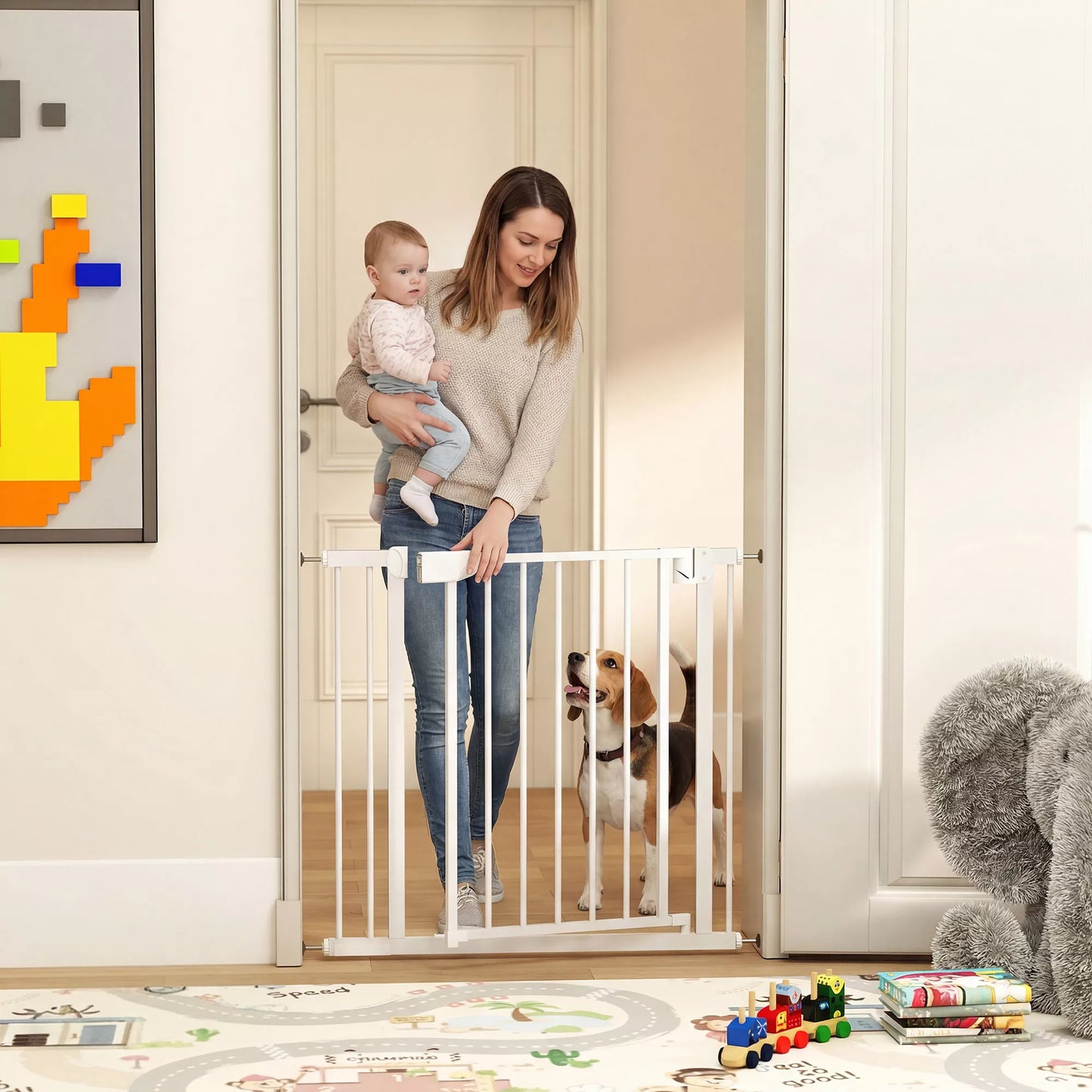 Apsauginiai varteliai, laiptų ir durų užtvaras su automatiniu uždarymu be gręžimo, 76-89x76 cm, balta