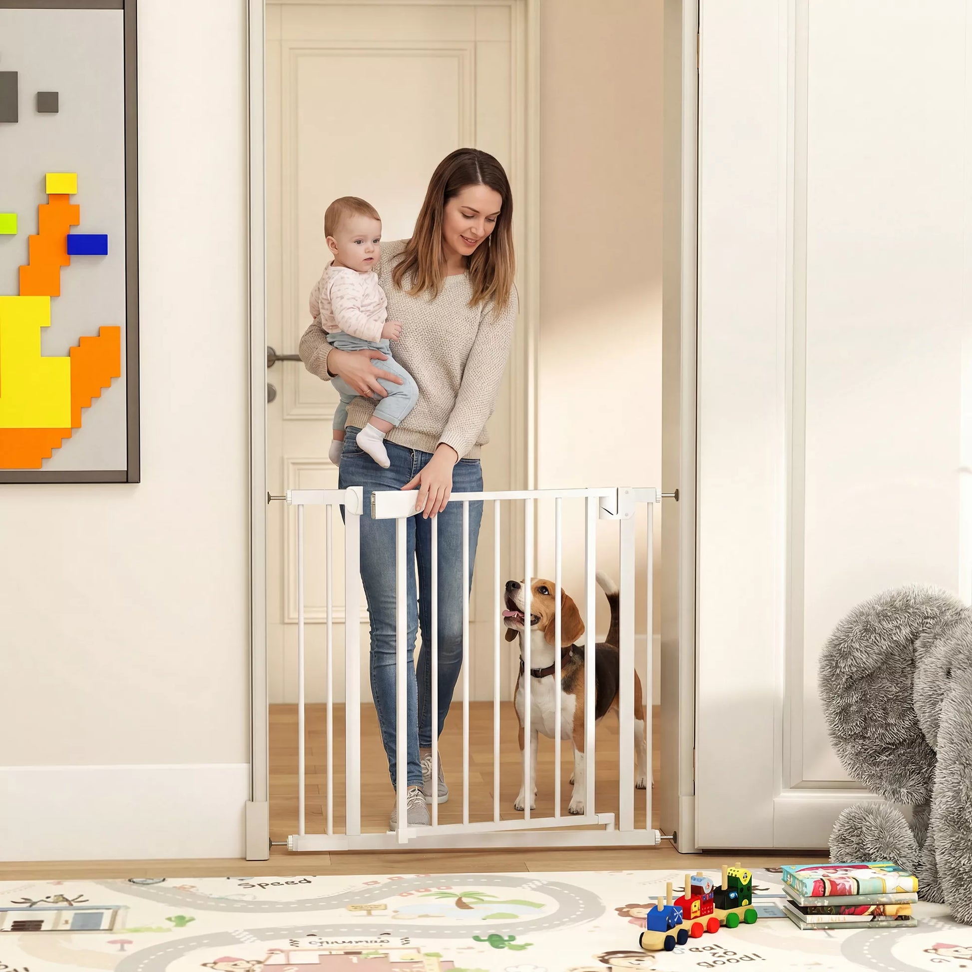 Apsauginiai varteliai, laiptų ir durų užtvaras su automatiniu uždarymu be gręžimo, 76-89x76 cm, balta