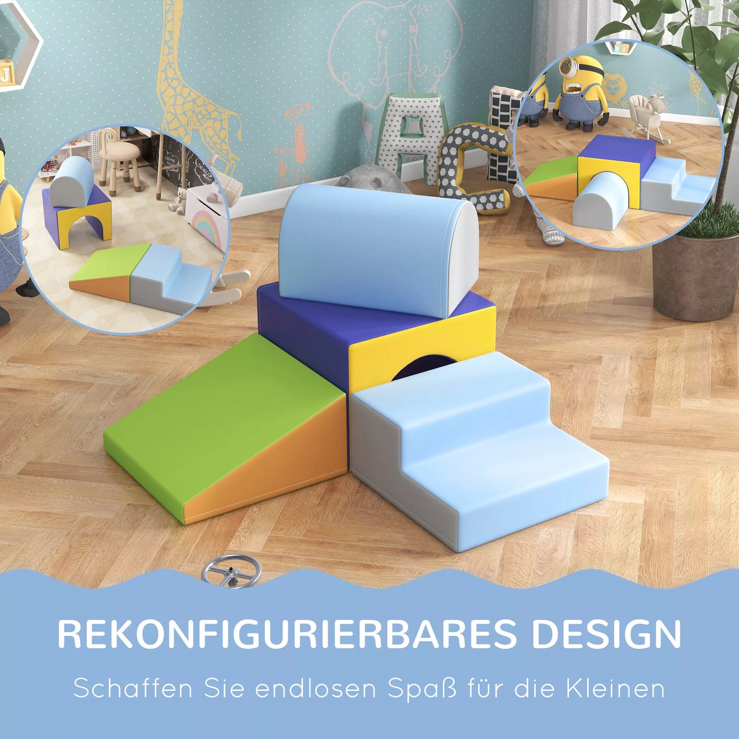 4 dalių minkštų blokelių rinkinys laipiojimui ir čiuožinėjimui, su dirbtinės odos užvalkalu, 1–3 metų vaikams, daugiaspalvis