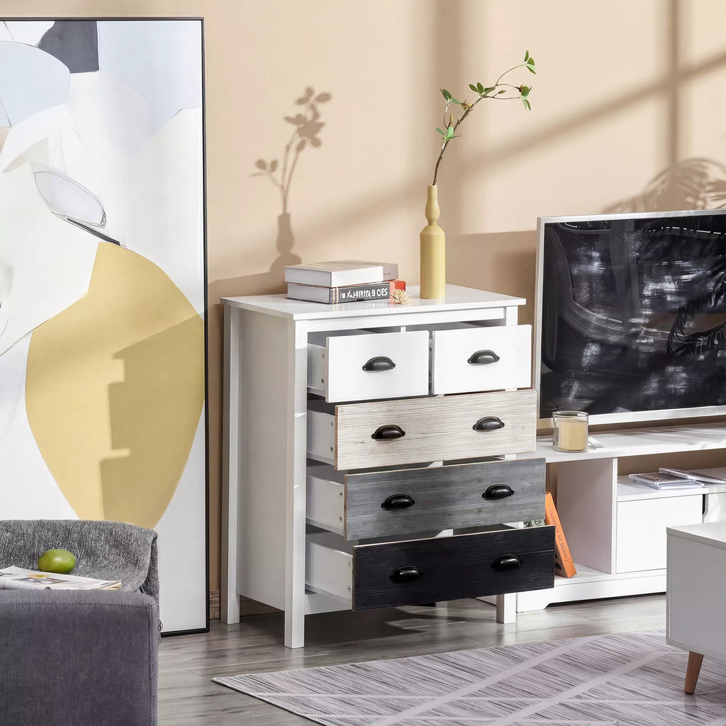 Bufetas, komoda, 5 stalčiai, lakuotas paviršius, MDF ir pušies mediena, 70 x 38 x 85 cm, balta