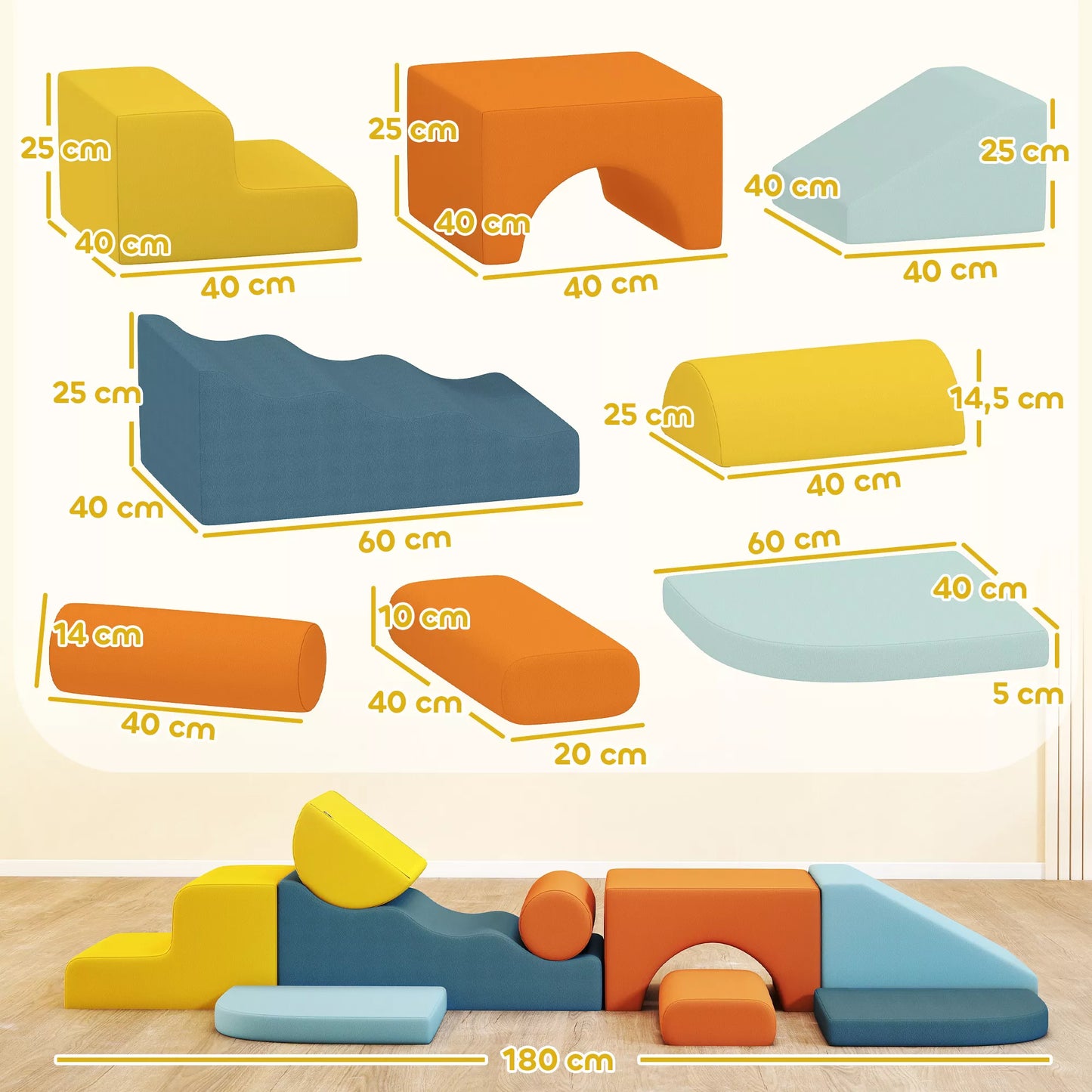 9 dalių minkštų blokelių rinkinys, minkšti blokeliai statyboms ir žaidimams, vidinis žaidimų rinkinys mažyliams, putplastis, spalvotas