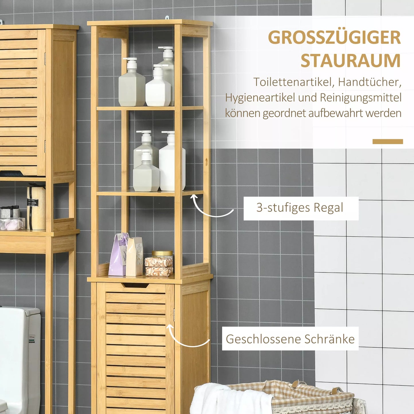 Vonios spintelė, aukšta spintelė, trys lentynos, vienas skyrius su žaliuzių durimis, apsauga nuo apsivertimo, bambukas, 34 x 30 x 173cm