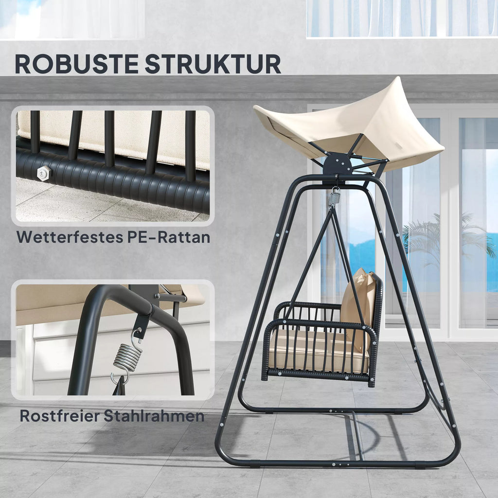 Lauko, sodo  sūpynės Rotango 2-vietės sodo sūpynės su saulės stogu Pagalvės iki 240 kg 149 x 121 x 180 cm Chaki
