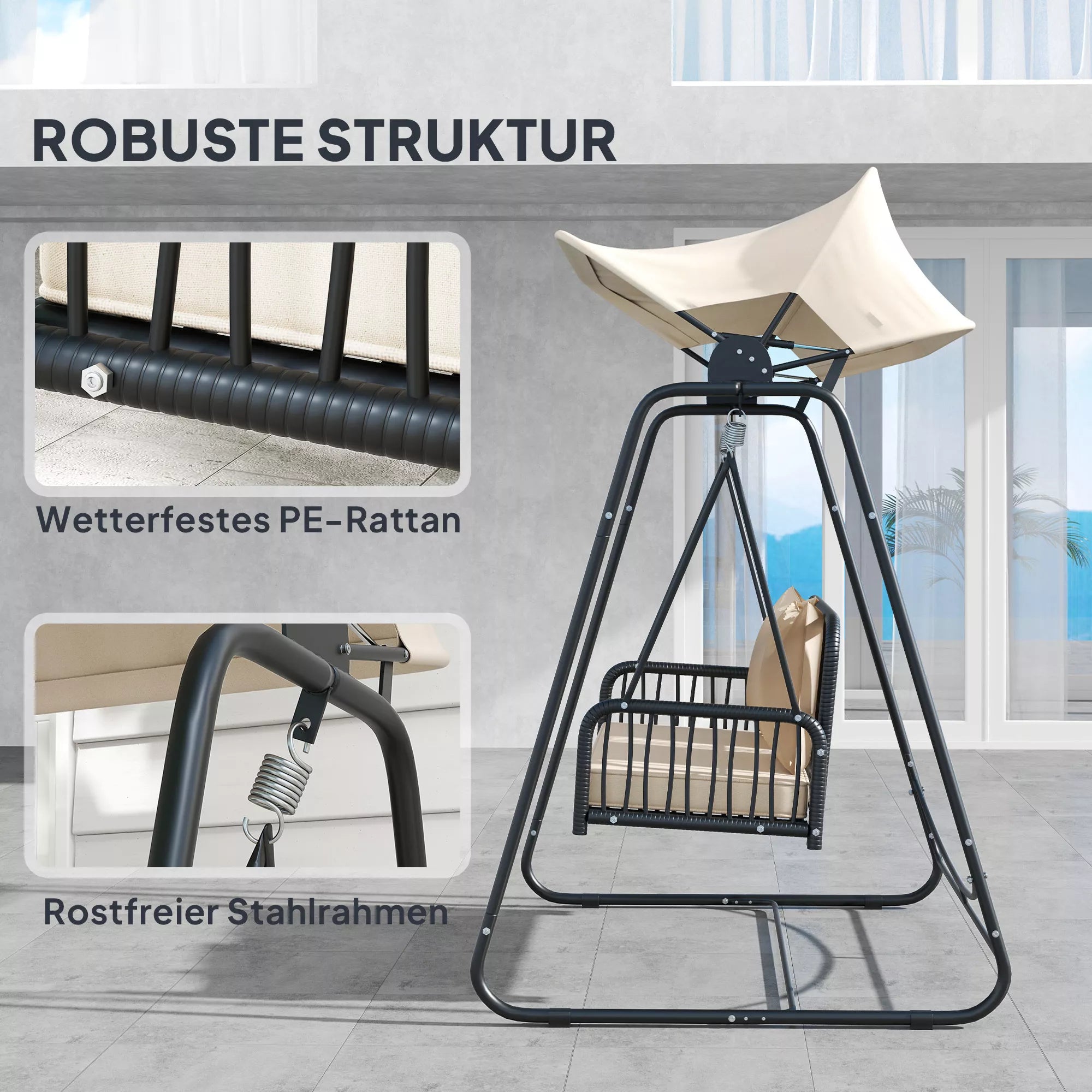 Lauko, sodo  sūpynės Rotango 2-vietės sodo sūpynės su saulės stogu Pagalvės iki 240 kg 149 x 121 x 180 cm Chaki