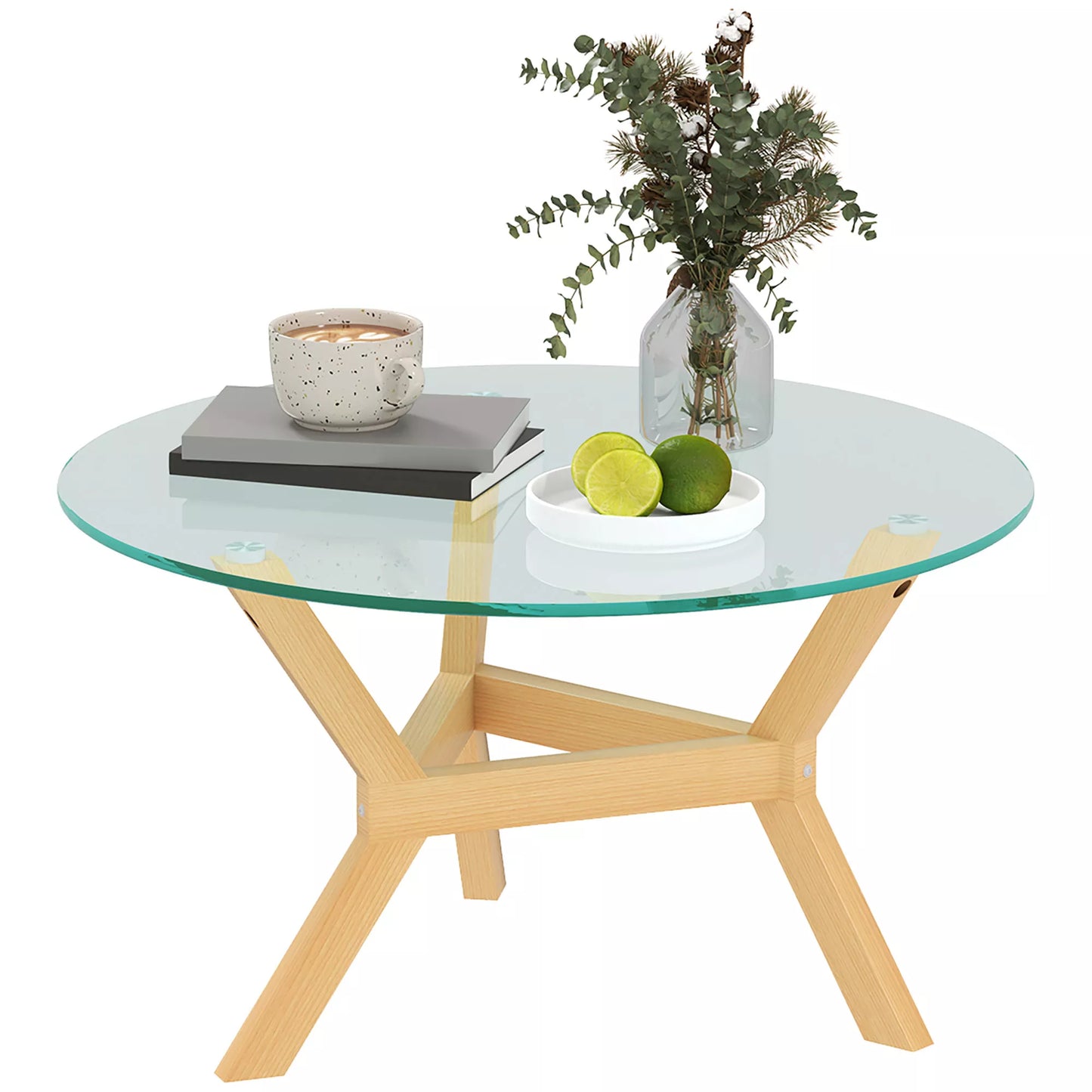 Apvalus staliukas iš grūdinto stiklo su reguliuojamais padukais ir plieniniu rėmu, skirtas svetainei, miegamajam