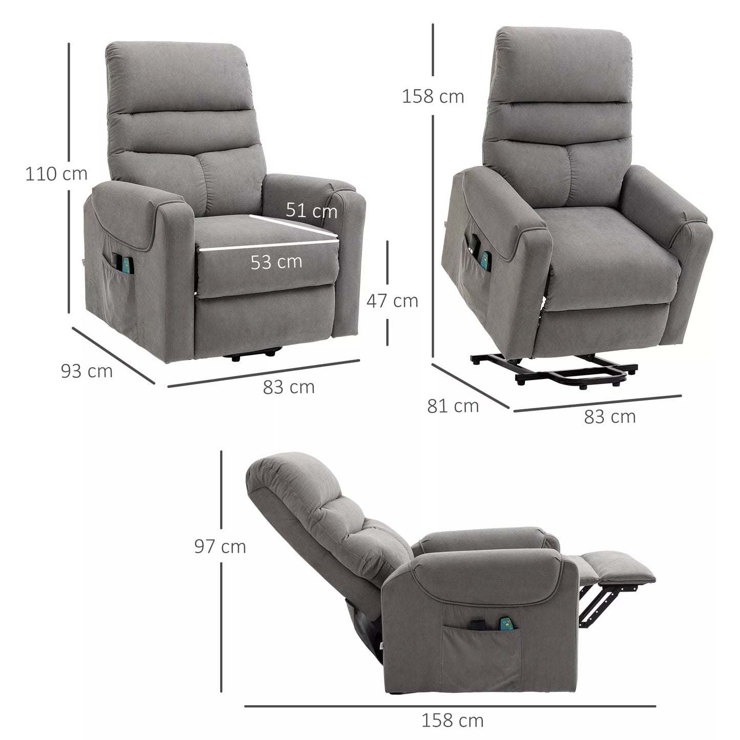 HOMCOM Elektrinis fotelis su pagalba atsistojant, masažinis fotelis su gulėjimo ir šildymo funkcijomis, poilsio fotelis su nuotolinio valdymo pulteliu ir šonine kišene, reguliuojamas, poliesterio audinys, tamsiai pilkos spalvos