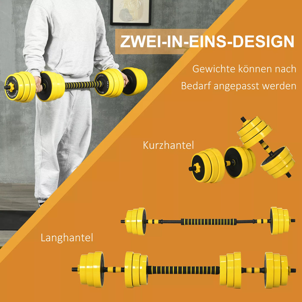 Hantelių ir štangos rinkinys, 25 kg, 3-in-1, geltonas ir juodas