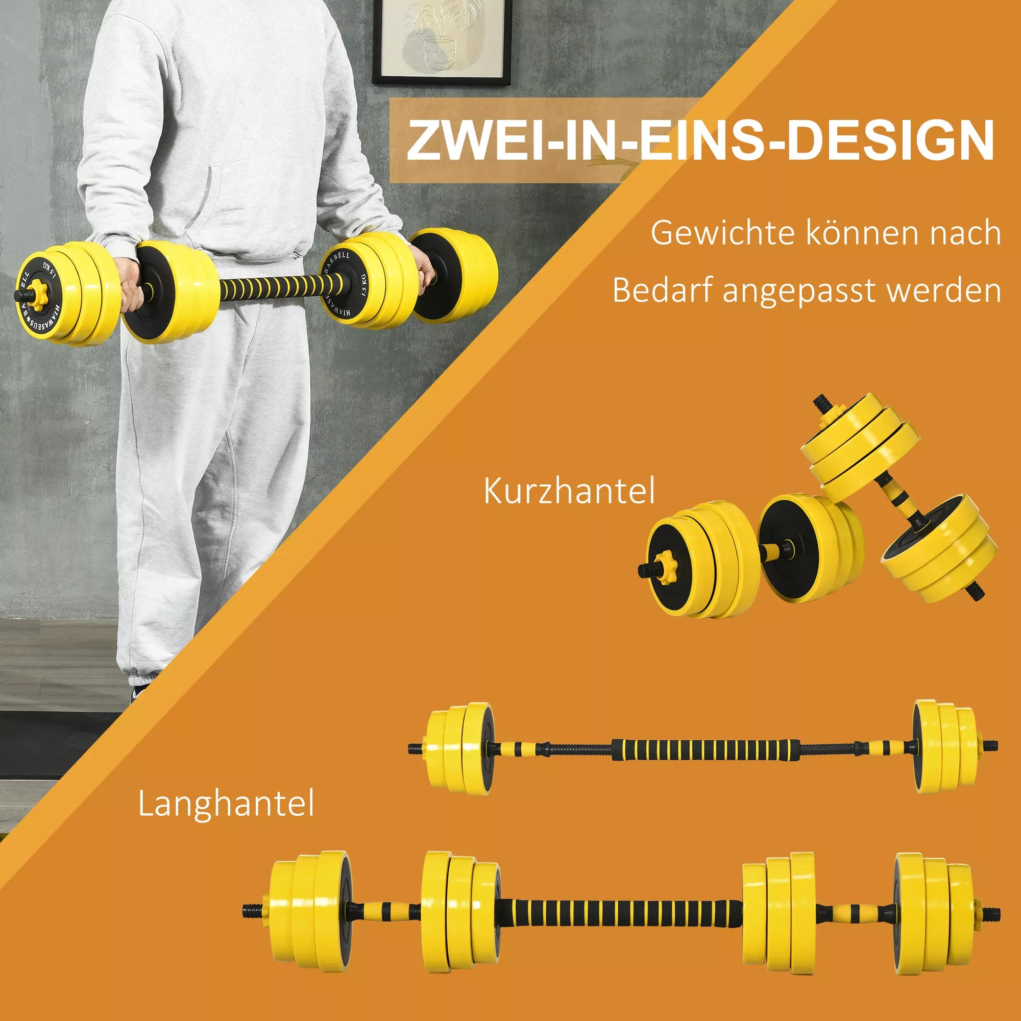Hantelių ir štangos rinkinys, 25 kg, 3-in-1, geltonas ir juodas