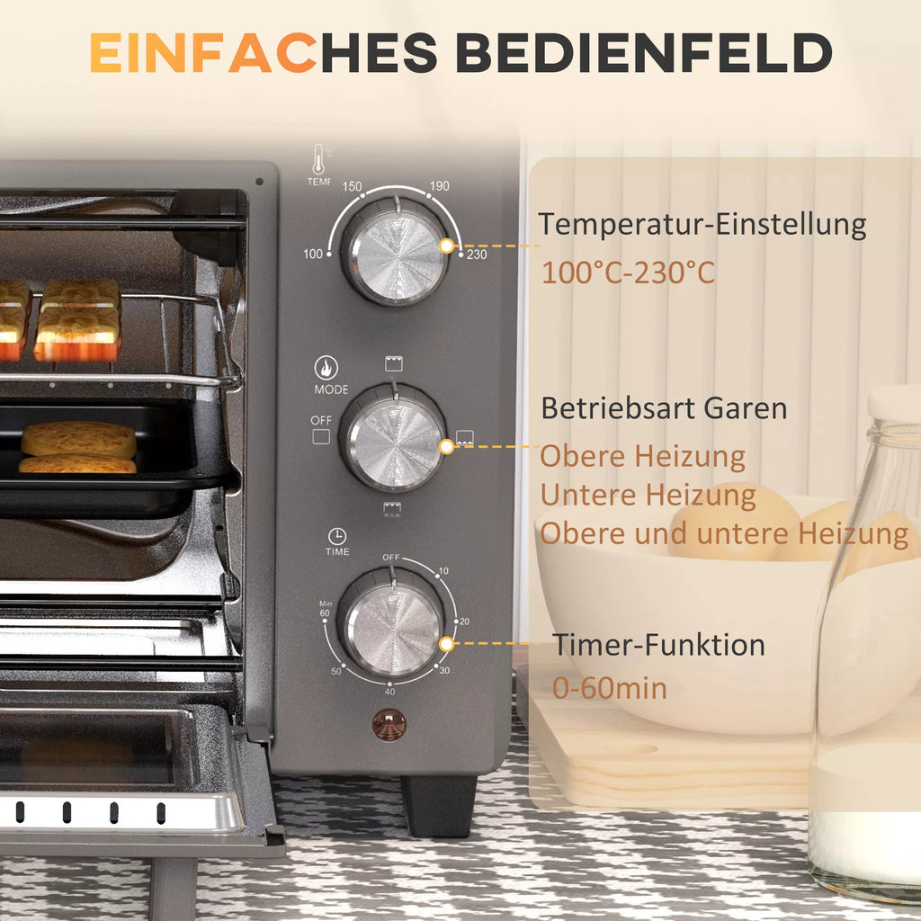 Mini orkaitė, 21 l Tosteris su 1 vieliniu grotelių rėmu ir 1 kepimo skarda, 3 kepimo režimai, 100 °C–230 °C, nerūdijantis plienas, stiklas, pilka spalva