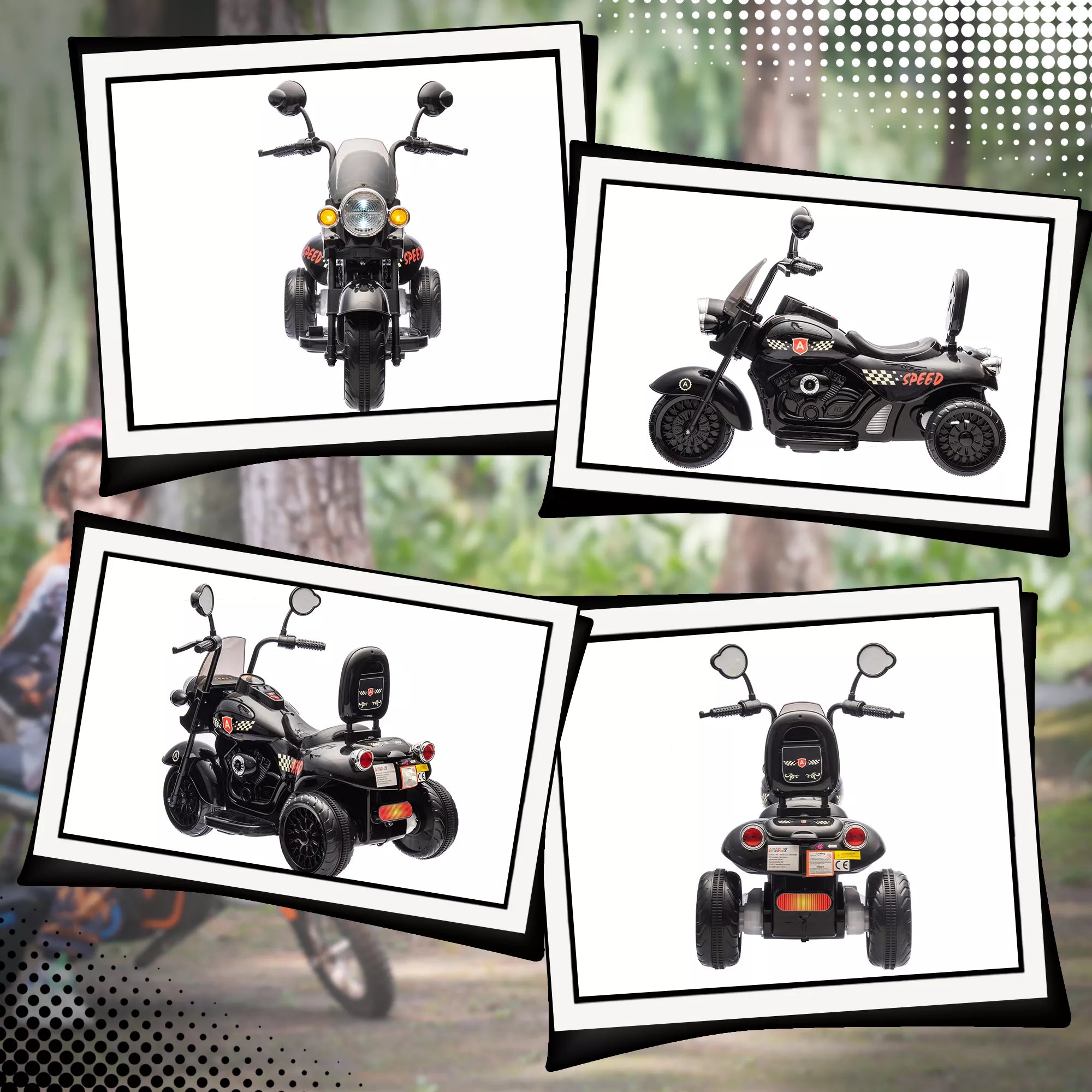 Elektrinis vaikiškas motociklas, 3-5 km/h, Chopper stiliaus, su šviesomis ir muzika, vaikams 3-6 metų, juodos spalvos