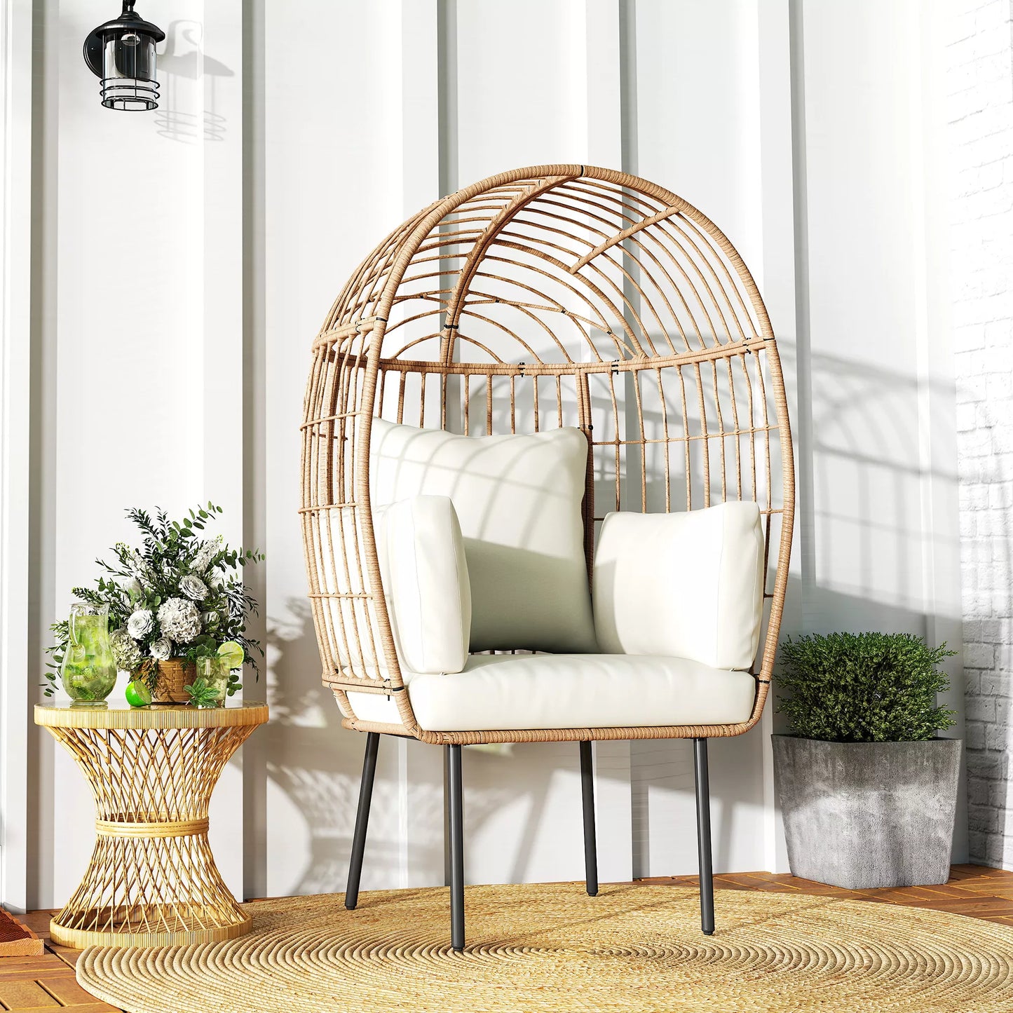 Rattan kėdė kiaušinio formos su nuimamu pagalvėle, apmušalu, lauko kėdė iš rotango 95 x 80 x 155 cm smėlio spalvos