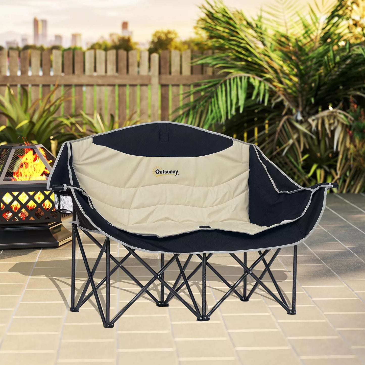 Sulankstomas 2 vietų kempingo kėdė su gėrimų laikikliu, nešimo krepšiu, atspari iki 250 kg apkrovai, chaki spalvos