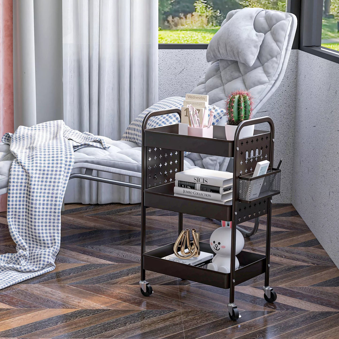 Daugiafunkcis virtuvės vežimėlis, 3 lentynos, 4 ratukai, 53,5 cm x 30,5 cm x 75 cm, juodas