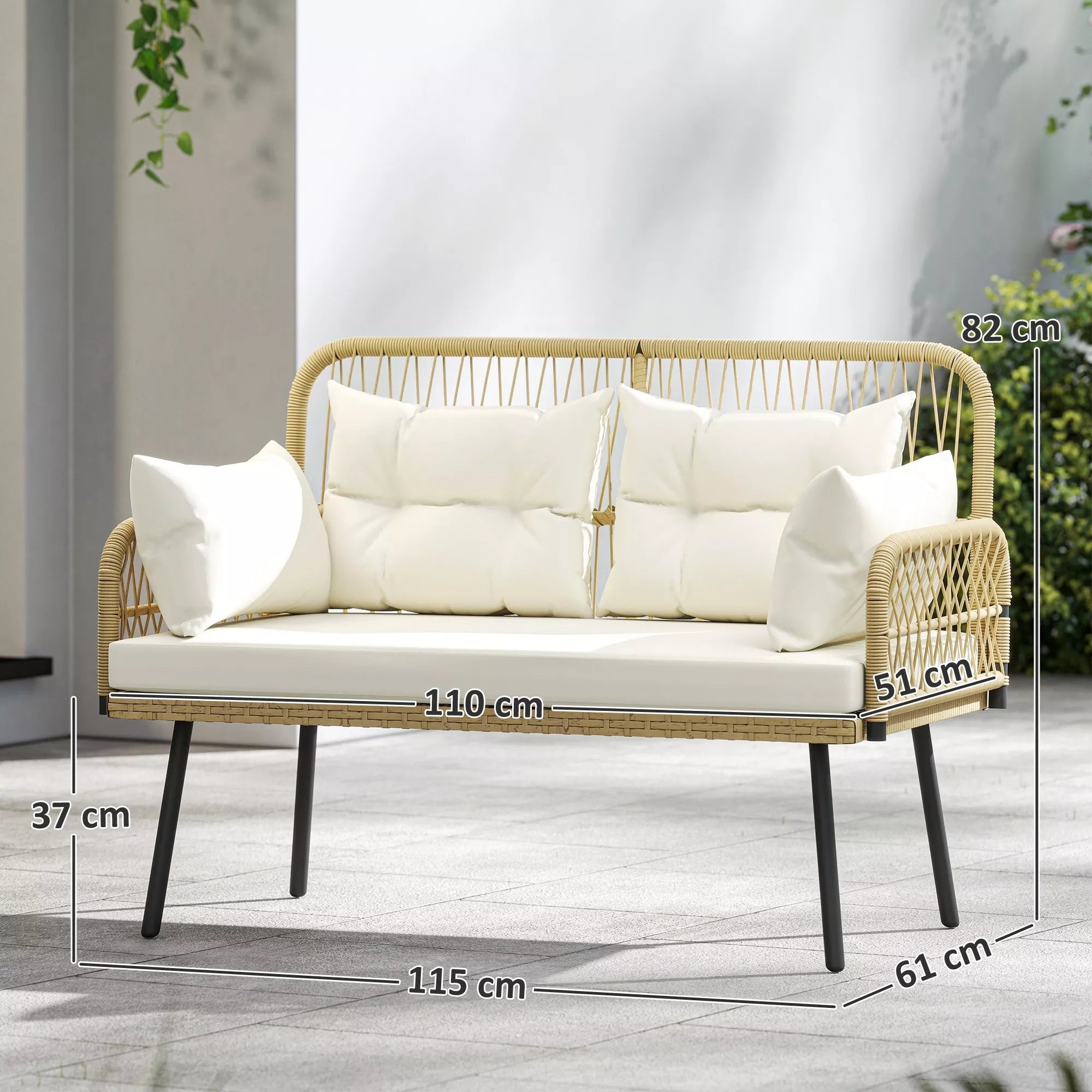 Lauko sofa su pagalvėlėmis, dvivietė sofa balkonui, boho, ratanas ir plienas, 115x61x82 cm, natūralaus medžio spalva,