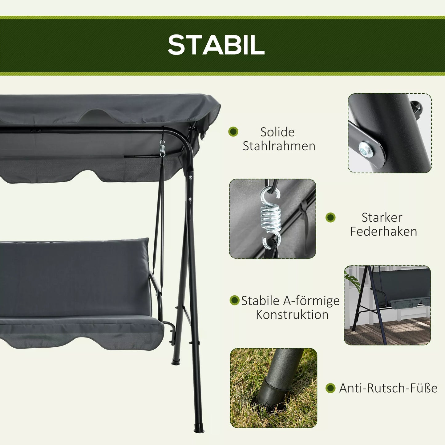 Holivudo sūpynės, sodo sūpynės, 3 vietų sūpynės su stogu, plienas, 172 x 110 x 153 cm, pilkos spalvos