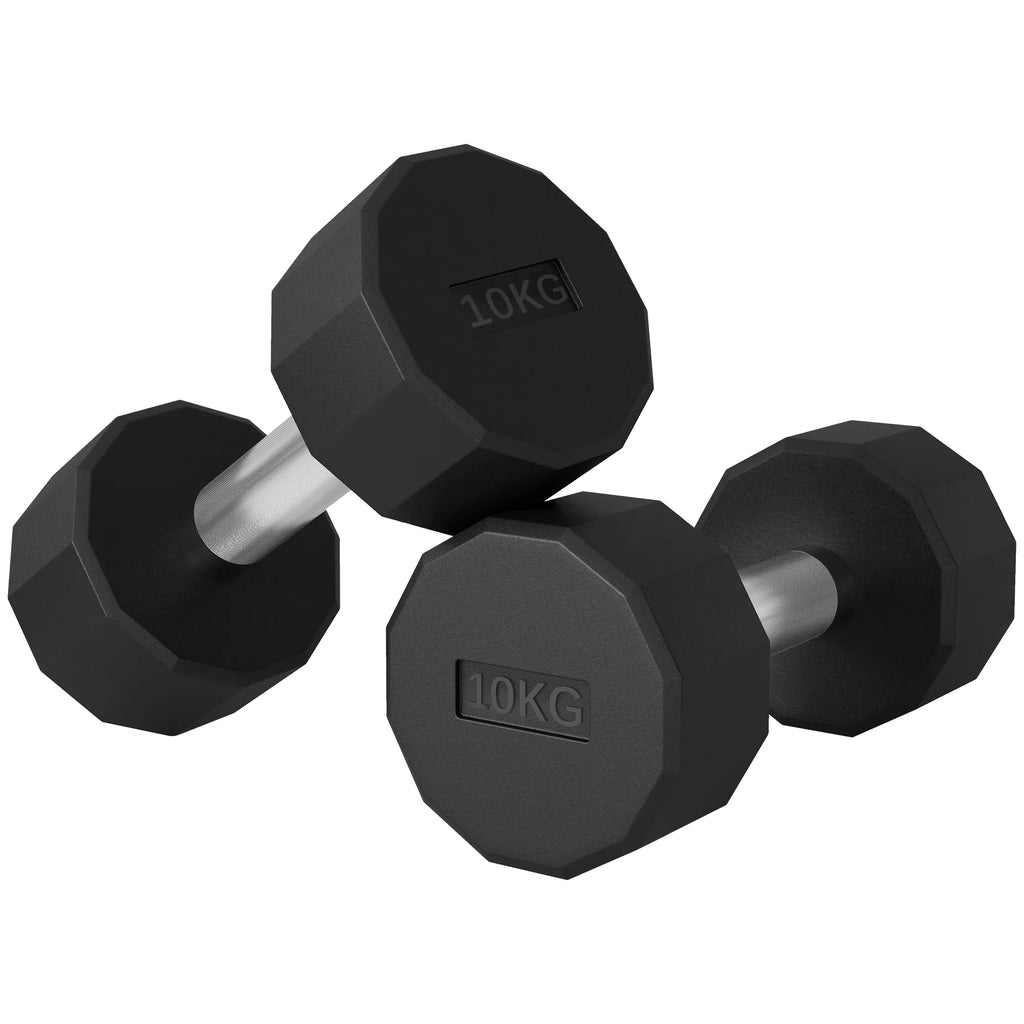 Du juodi šešiakampiai guminiai 10 kg hanteliai