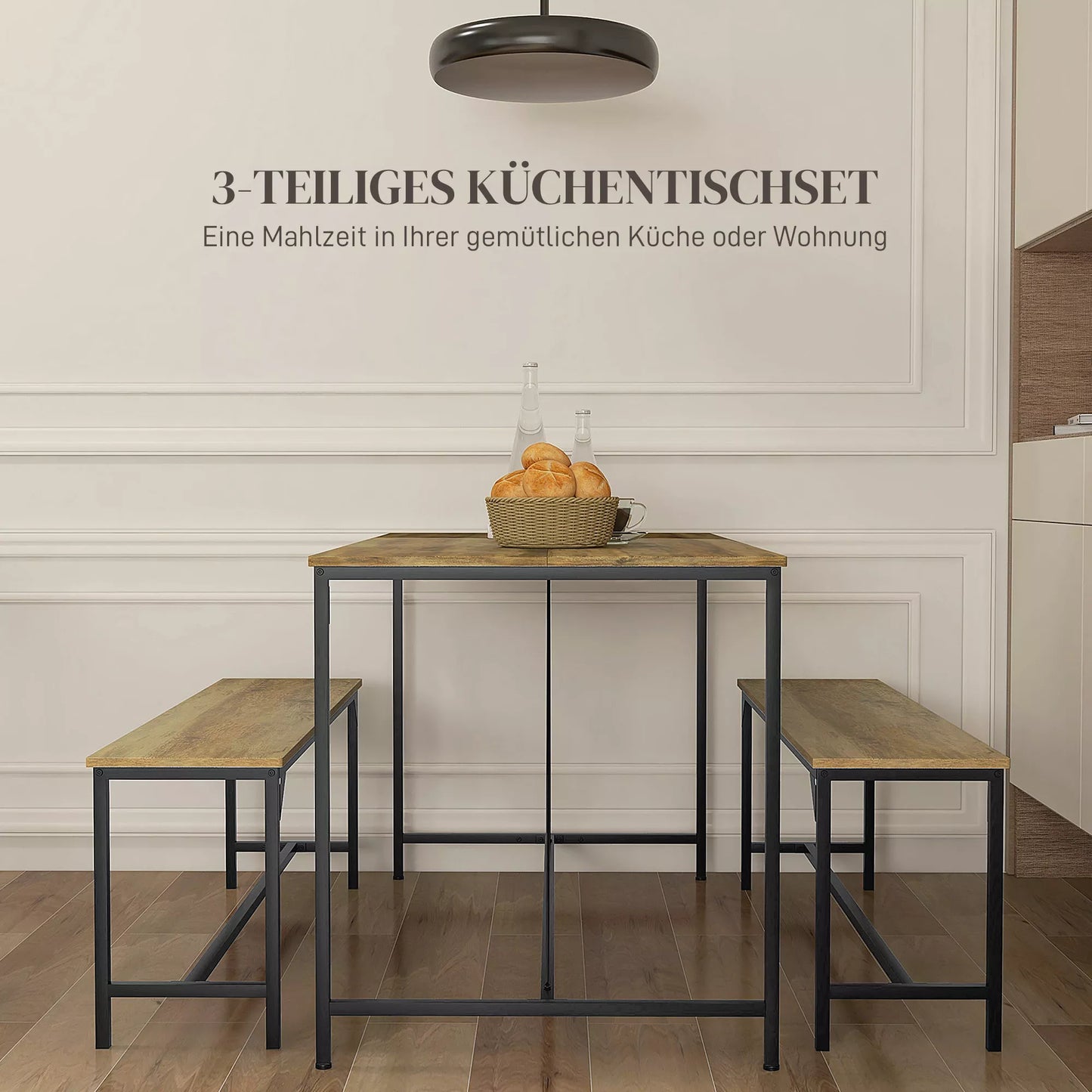 Valgomojo baldų komplektas, Stalas ir 2 suolai, Industrialinis dizainas, Plieno rėmas, Medžio imitacija/Juoda