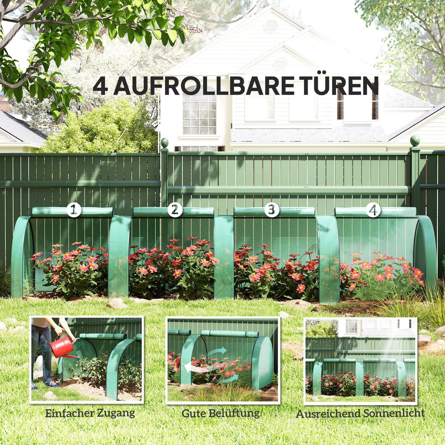 Tunelinis šiltnamis, 4 langai su užtrauktukais, plieninis rėmas, tvirtas tentas, 395 x 100 x 80 cm, žalias