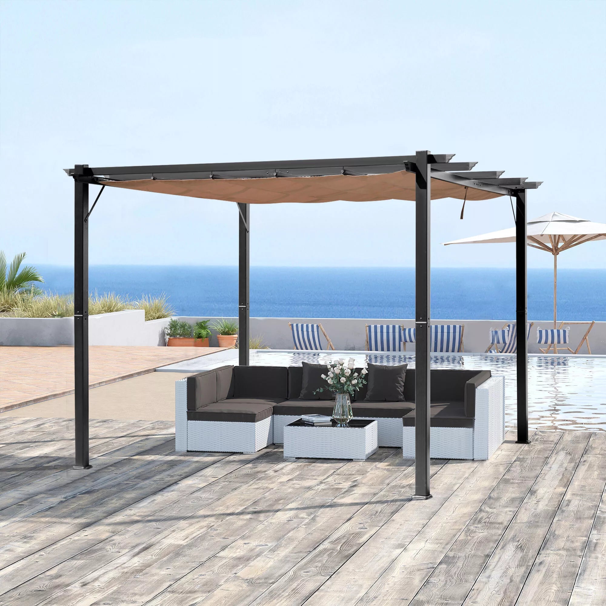Pergola paviljonas su reguliuojamu audiniu stogu 3 x 4 m Terasos stogelis Aliuminio saulės apsauga Stogas Terasa Sodas Pilka+Ruda