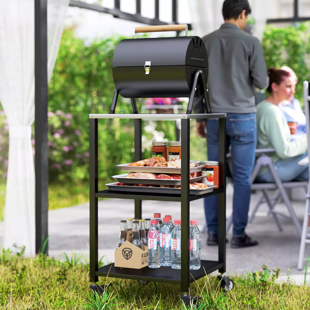 Grillwagen 3-aukštų grilio stalas su nerūdijančio plieno darbo paviršiumi Ratukai mobilusis aptarnavimo vežimėlis 50 x 50 x 90 cm Juodas