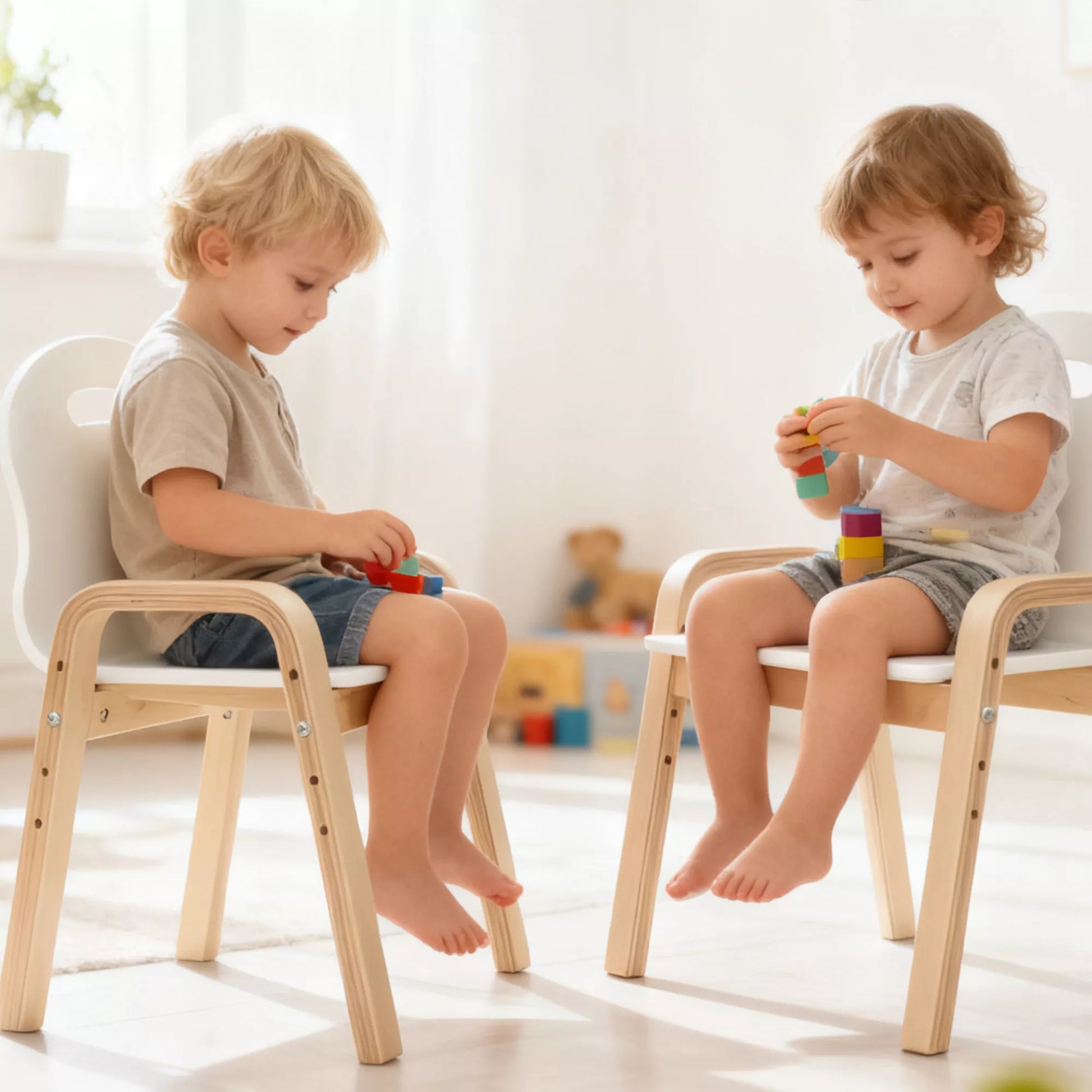 Medinių kėdžių rinkinys vaikams, neslystantys kojų padai, 3–15 metų, reguliuojamas aukštis, baltos spalvos