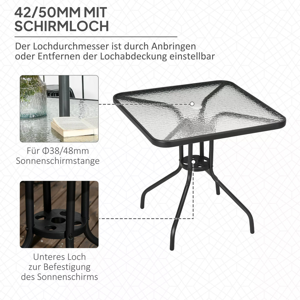 Sodo stalas Nuimamas Metalinis 76x76 cm Atsparus atmosferos poveikiui Balkono stalas su skėčio skyle, neslidus Juodas