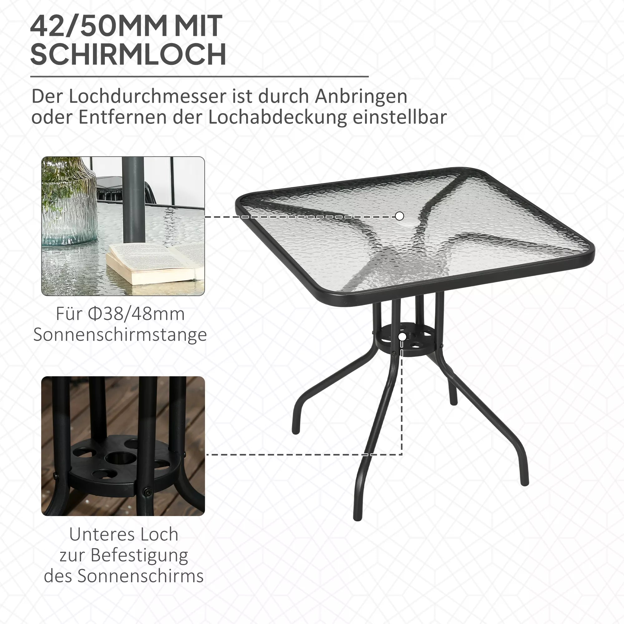 Sodo stalas Nuimamas Metalinis 76x76 cm Atsparus atmosferos poveikiui Balkono stalas su skėčio skyle, neslidus Juodas