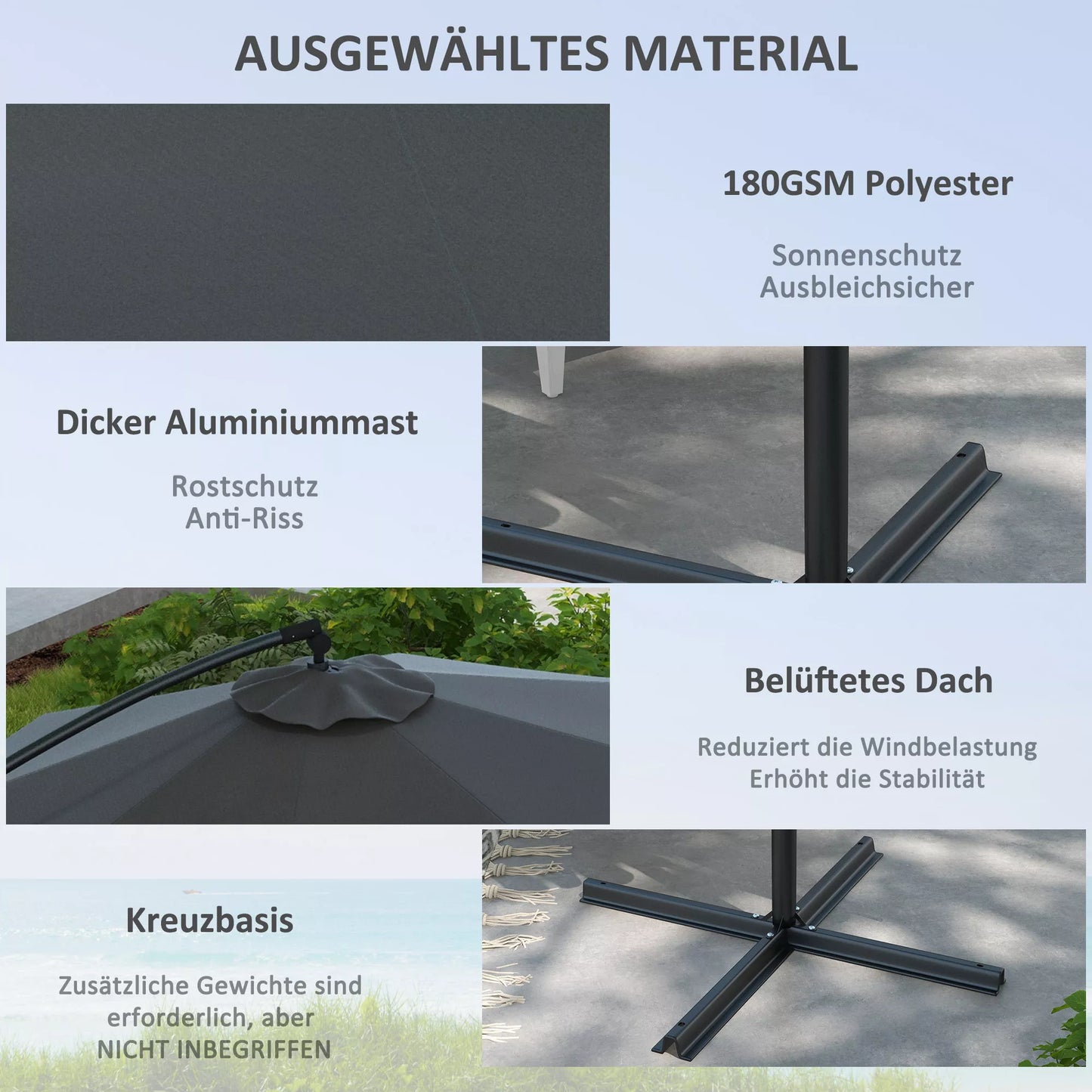 Konsolinis skėtis nuo saulės, su kryžminiu pagrindu, 293 x 293 x 260 cm, Pilkas