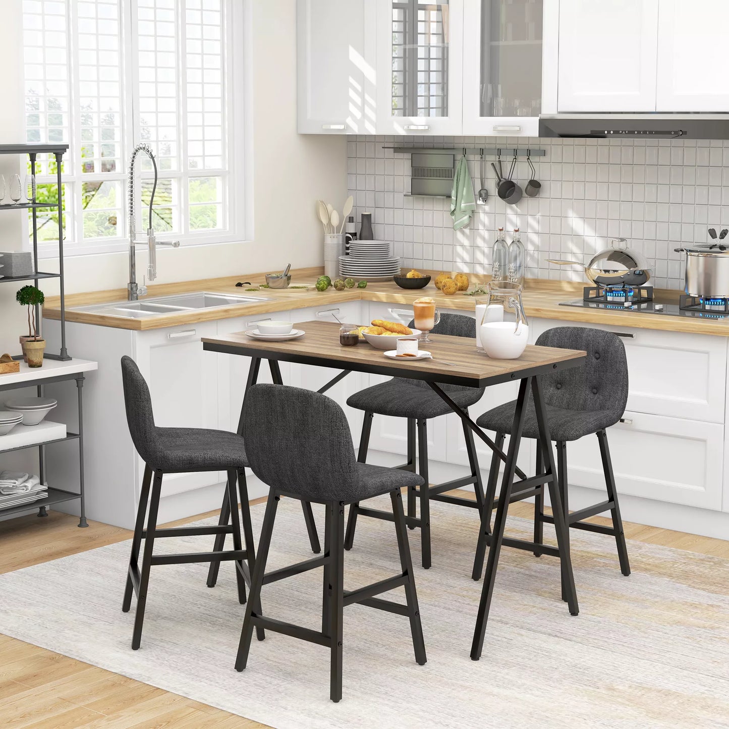 5 dalių baldų komplektas, stalas ir 4 kėdės, sagų siuvimas, storas paminkštinimas, lino išvaizda, tamsiai pilkos spalvos