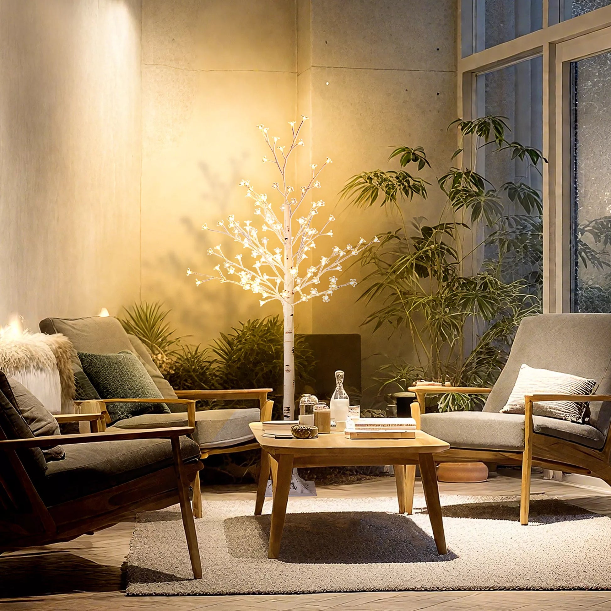 Dirbtinis vyšnių žiedų medis, su 120 LED, 3 ryškumo lygiai, šiltai baltas, su realistiška žieve, 21 x 21 x 150 cm