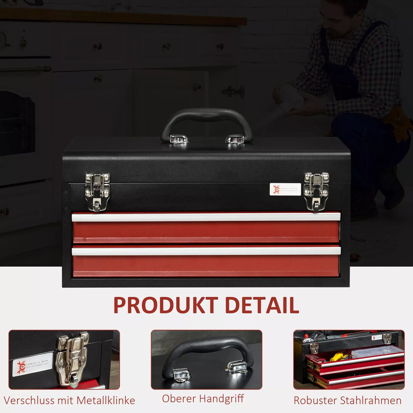 Įrankių dėklas, 2 stalčiai, užrakinamas, plieninis korpusas, juoda+raudona, 46 x 24 x 22 cm