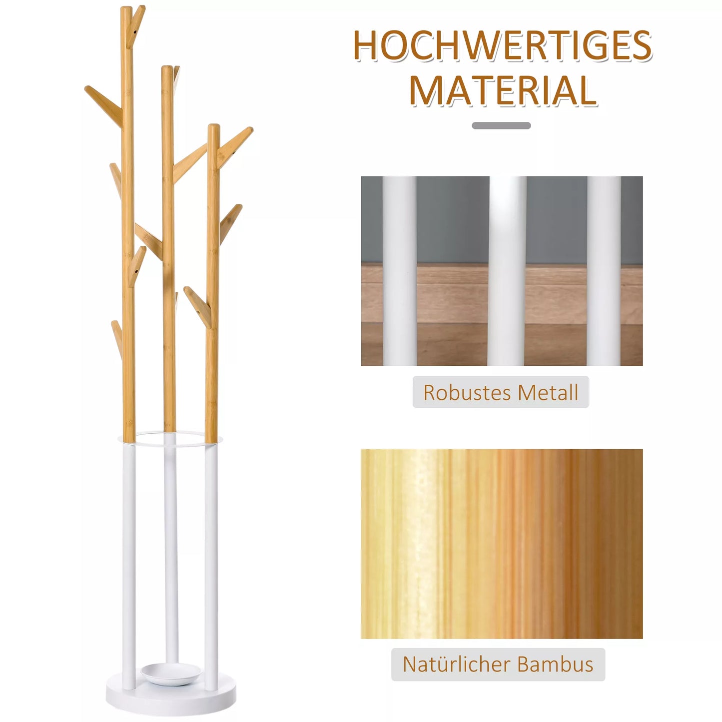 Drabužių kabykla, stovas su 12 kabliukų ir skėčių laikikliu, medžio formos drabužinė, modernus stovo laikiklis drabužiams, skrybėlei, rankinei, skirtas svetainei, miegamajam, bambukas, natūrali spalva+balta