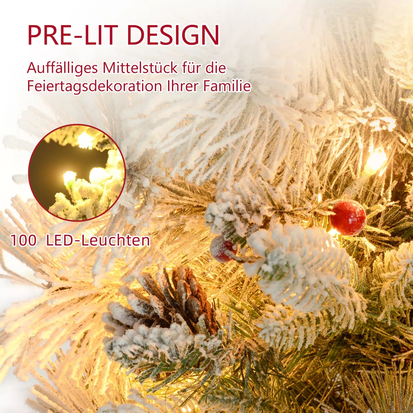 Kalėdinė eglutė su LED apšvietimu, 2 vnt. rinkinys, 107 cm, su kankorėliais, raudonomis uogomis, antipireninė, žalia/balta