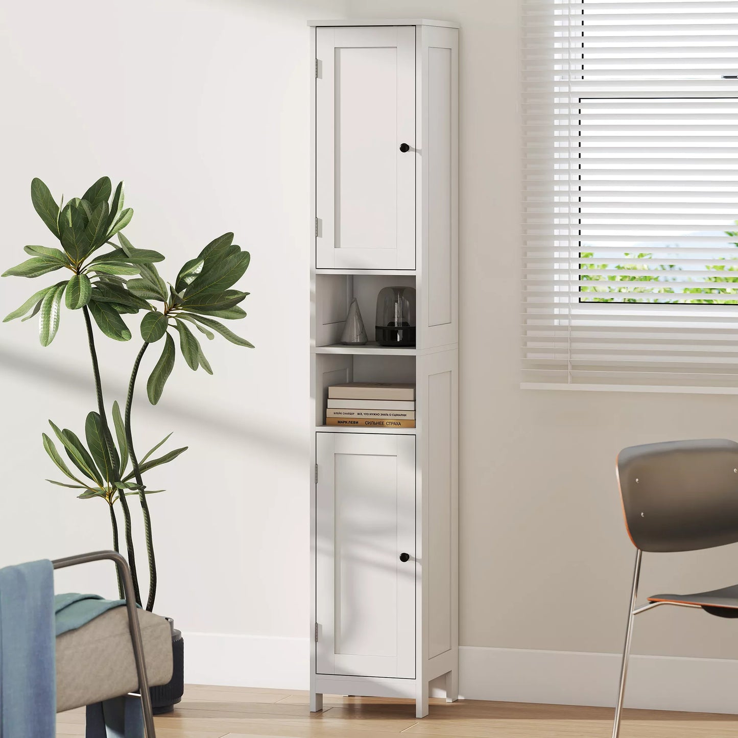 Aukštas, siauras vonios spintelė su durelėmis, atviromis lentynomis, 30 x 30 x 170 cm, balta