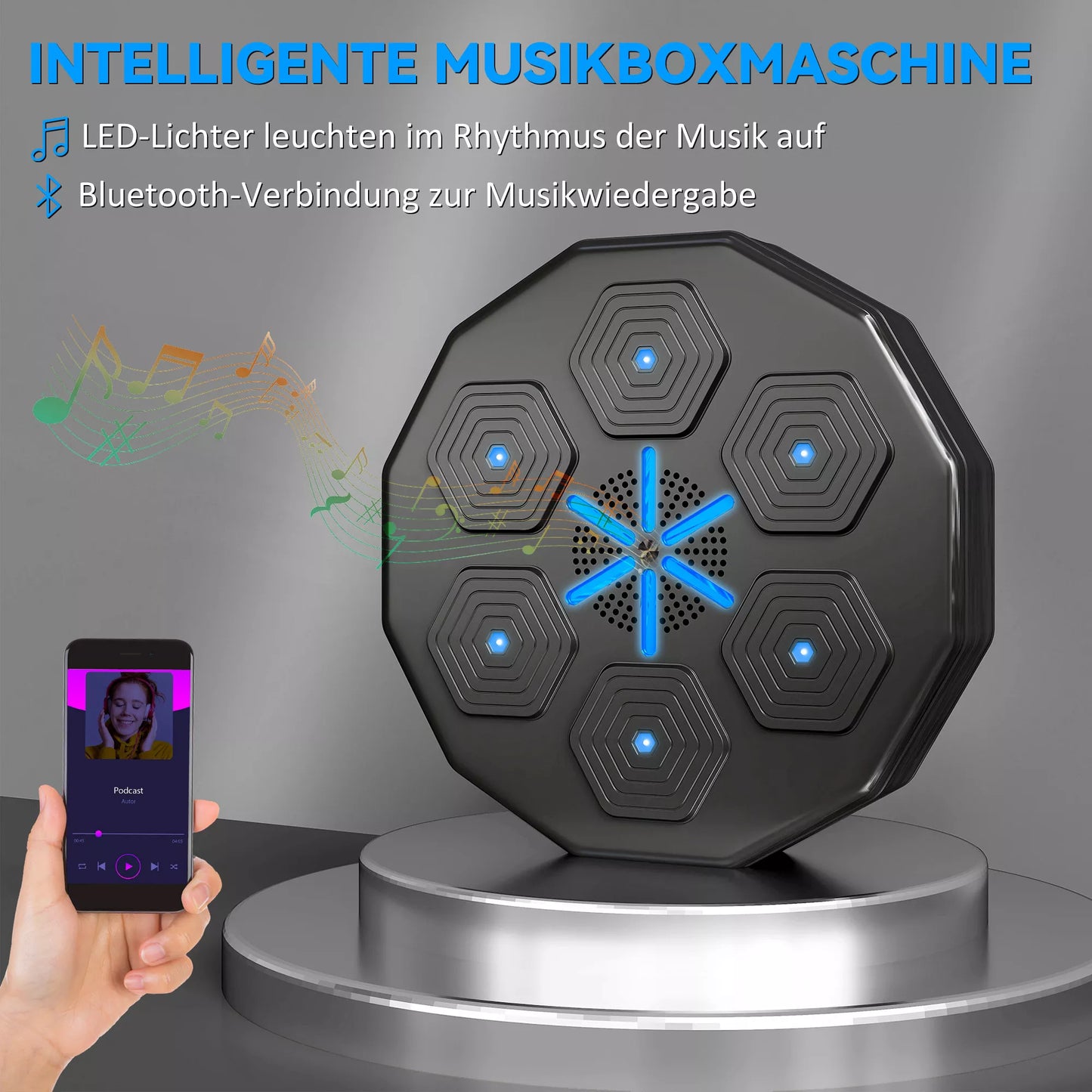 Bokso treniruoklis su muzikos funkcija, Bluetooth, šviečiančiais taškais, tvirtinimu prie sienos, dirbtine oda, juodas