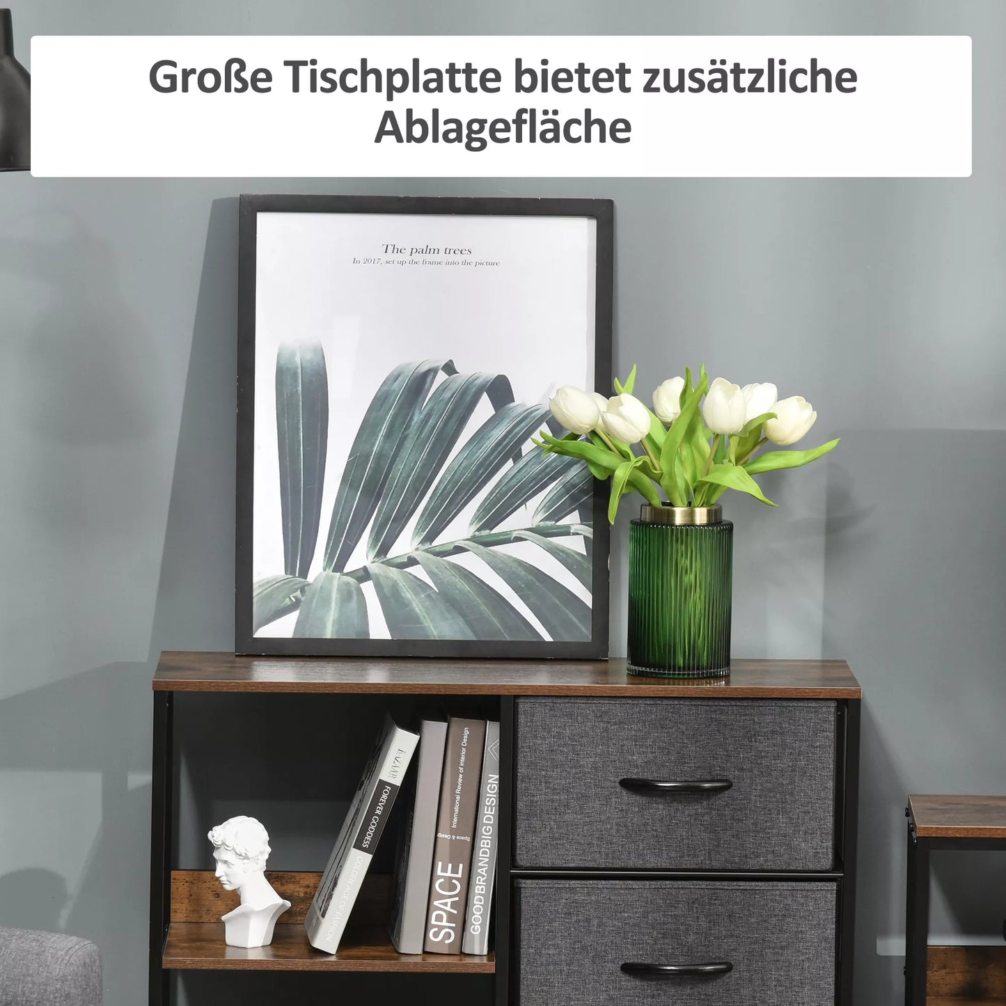 Saugojimo komoda, 3 medžiaginiai stalčiai, lentynos, metalinis rėmas, ruda+pilka